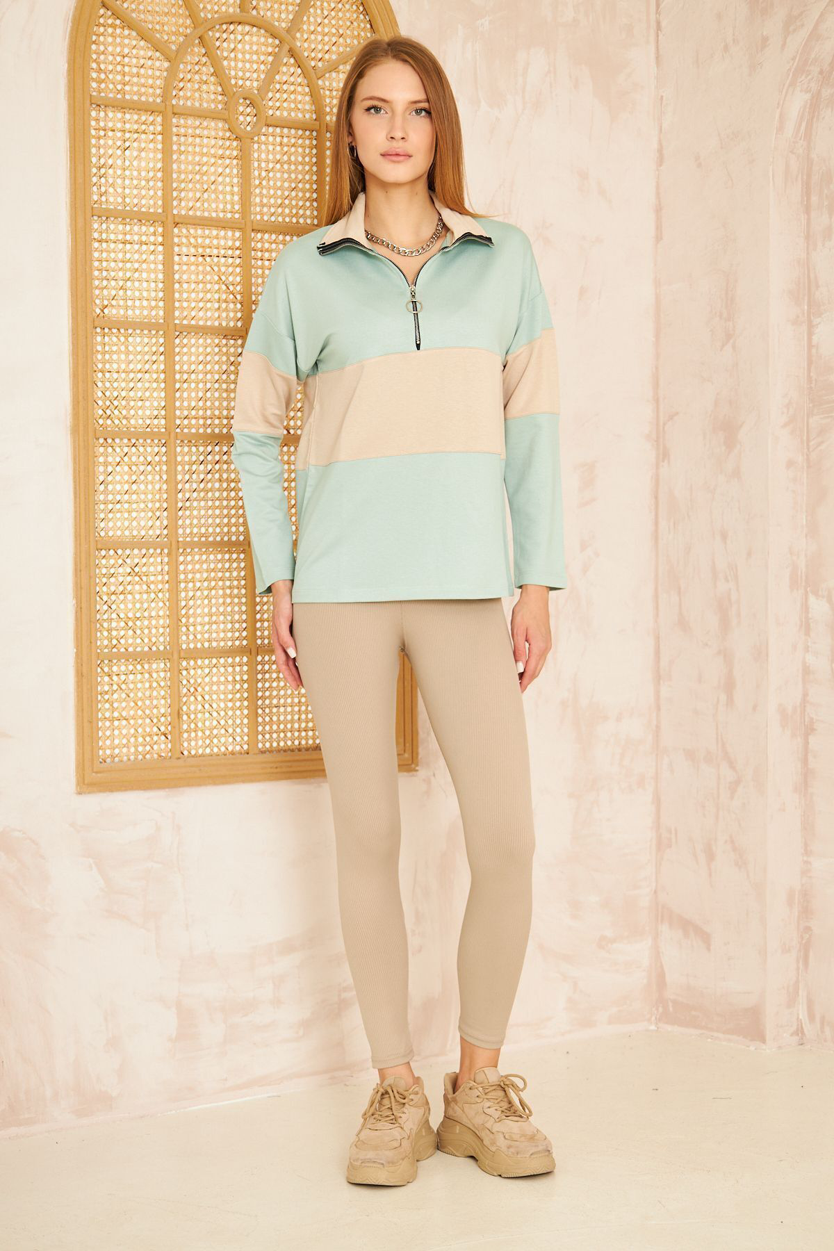 Kadın Mint Bej Uzun Kol Fermuarlı Polo Yaka Color Block Basic Sal