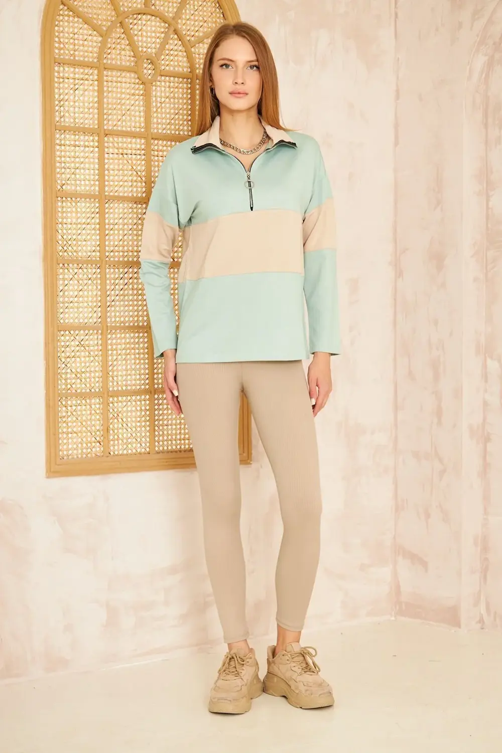 Kadın Mint Bej Uzun Kol Fermuarlı Polo Yaka Color Block Basic Sal