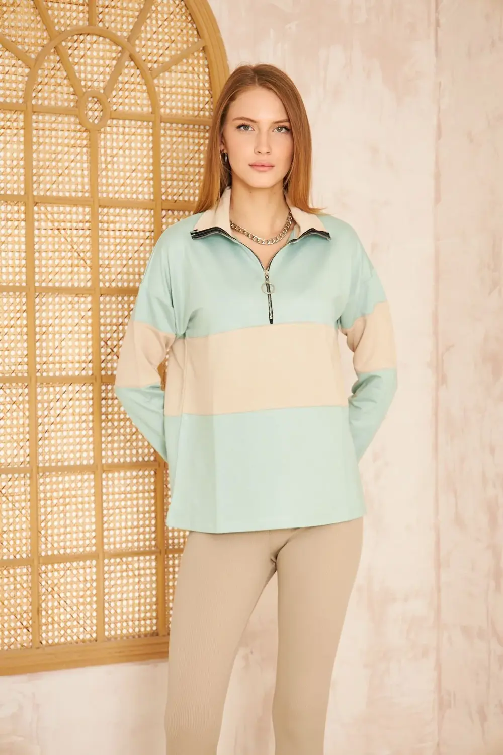 Kadın Mint Bej Uzun Kol Fermuarlı Polo Yaka Color Block Basic Sal