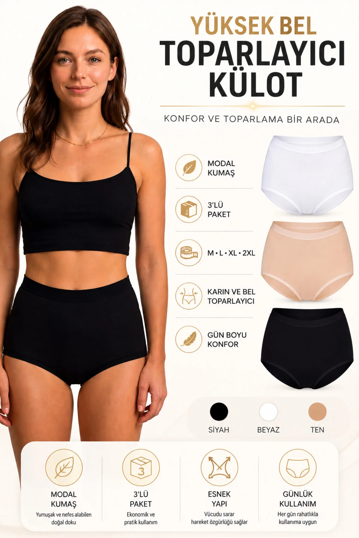 Kadın Modal Yüksek Bel Toparlayıcı Külot 3'lü Paket M-L-XL-2XL Siyah Beyaz Ten