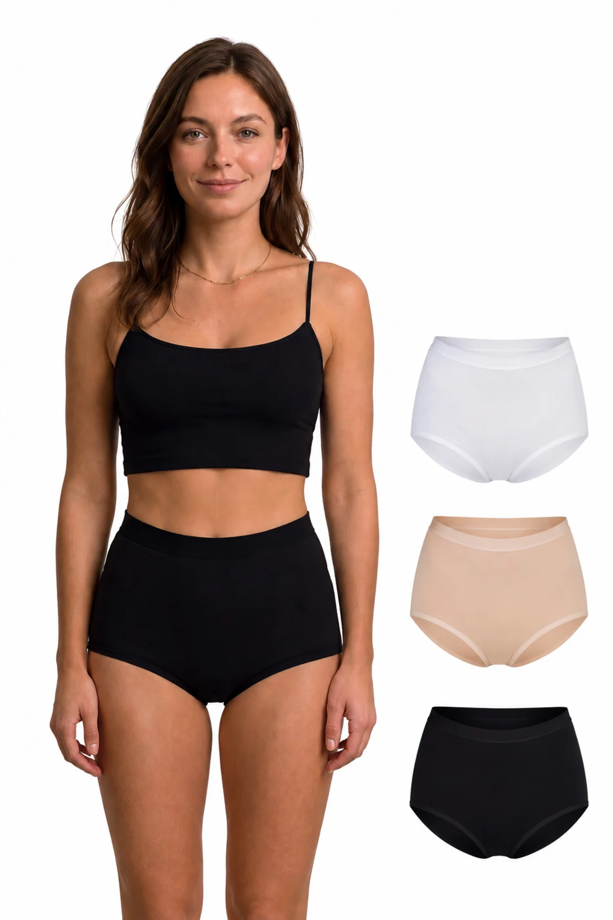 Kadın Modal Yüksek Bel Toparlayıcı Külot 3'lü Paket M-L-XL-2XL Siyah Beyaz Ten
