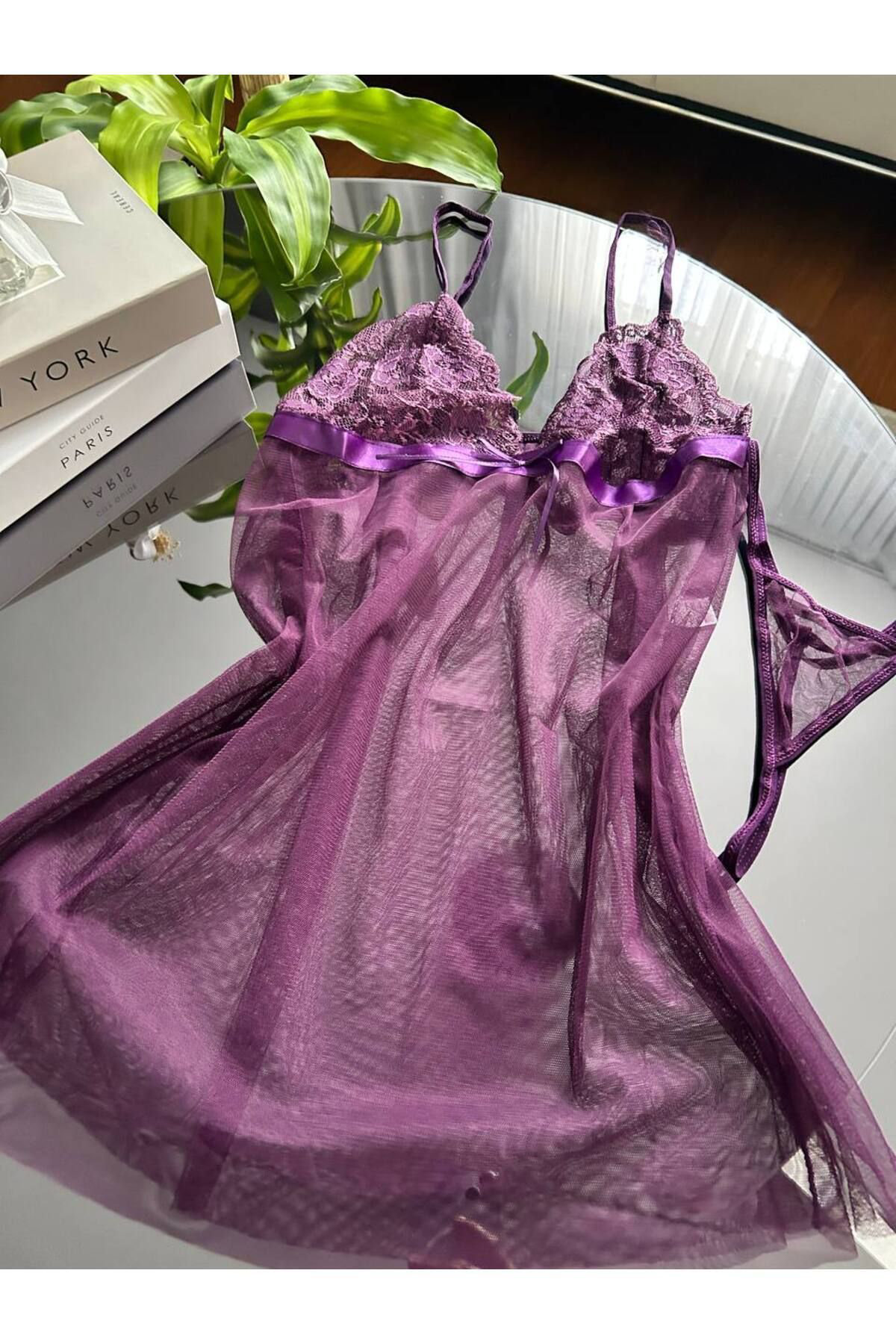 Kadın Mor Dantel Detaylı İnce Askılı Transparan Seksi Tül Gecelik Tanga Takımı Gecelik Takımı