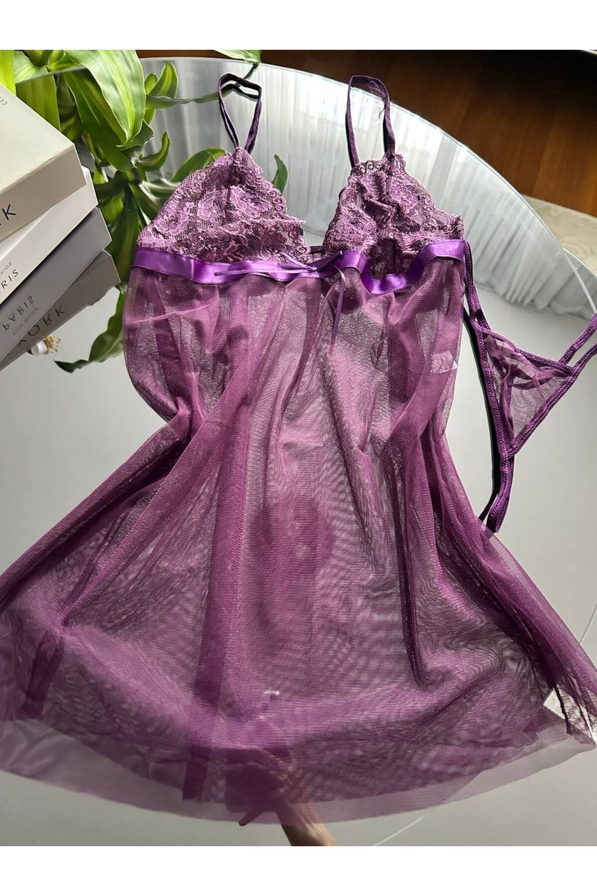 Kadın Mor Dantel Detaylı İnce Askılı Transparan Seksi Tül Gecelik Tanga Takımı Gecelik Takımı