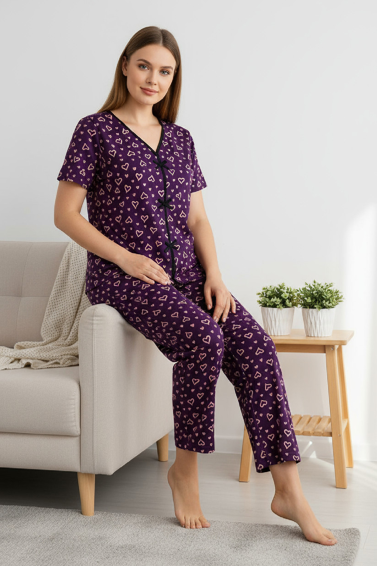 Kadın Mor Kalp Desenli Fiyonklu Kısa Kollu Uzun Pijama Takımı