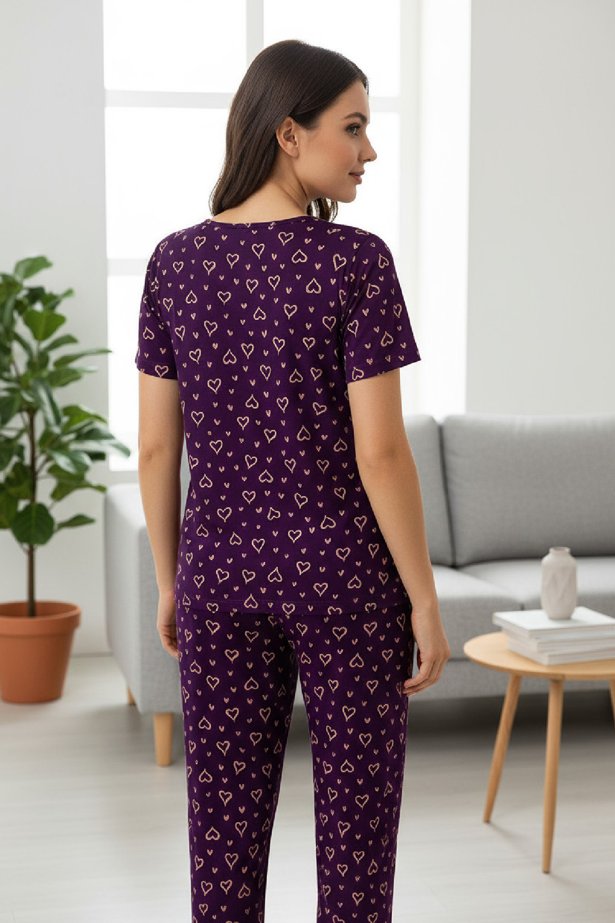 Kadın Mor Kalp Desenli Fiyonklu Kısa Kollu Uzun Pijama Takımı