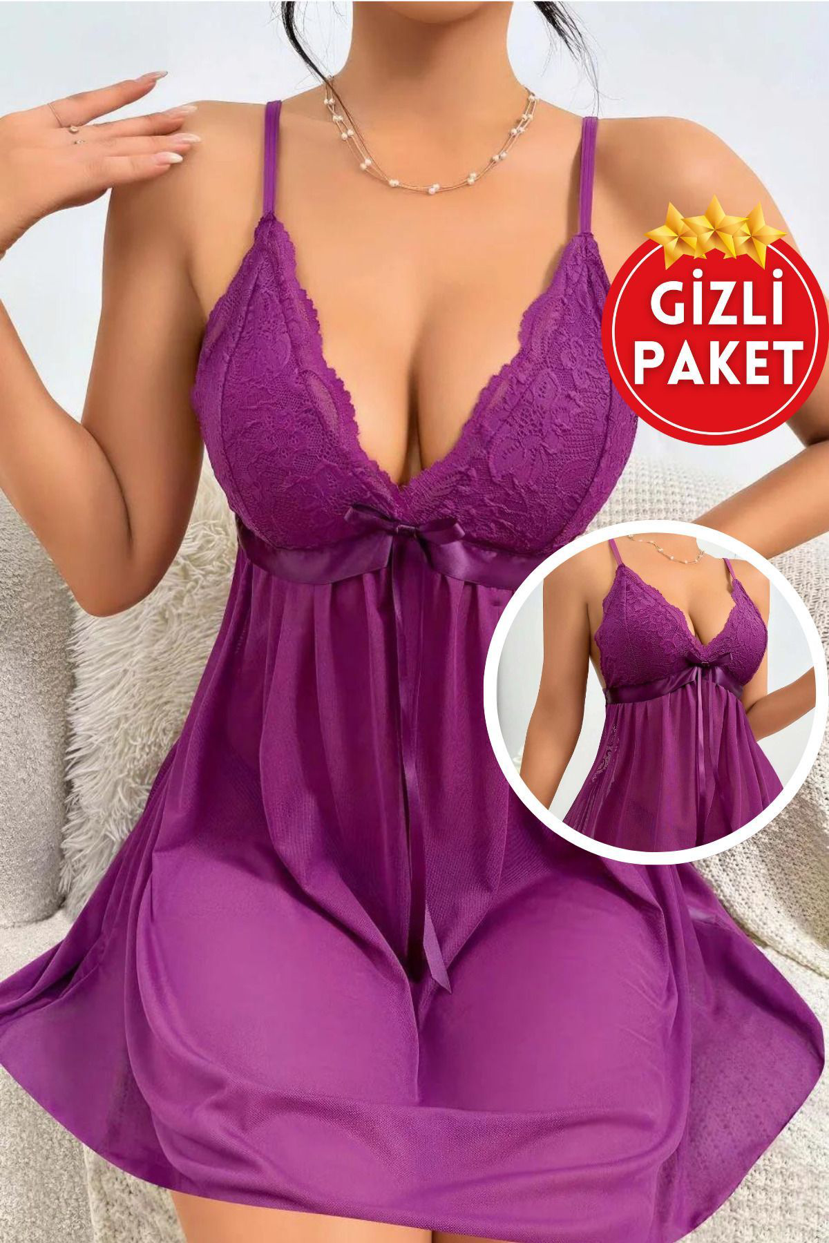 Kadın Mor Seksi Dantel Detaylı Derin Göğüs Dekolteli Şık Babydoll Tül Gecelik Kadın Mor Seksi Dantel Detaylı Derin Göğüs Dekolteli Şık Babydoll Tül Gecelik