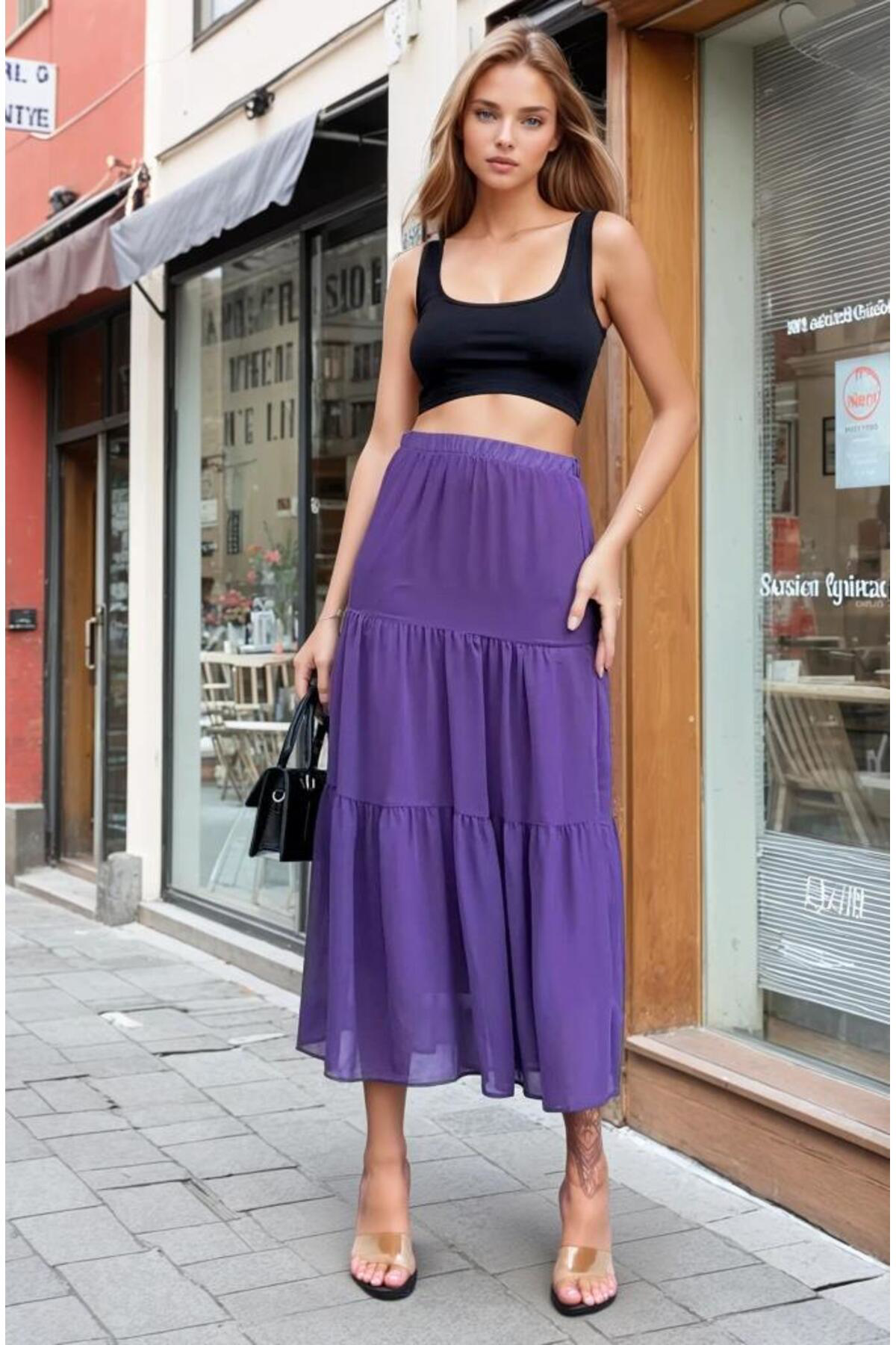 Pasaklı Giyim Kadın Mor Şifon İki Katlı Beli Lastikli Uzun Etek 3642220