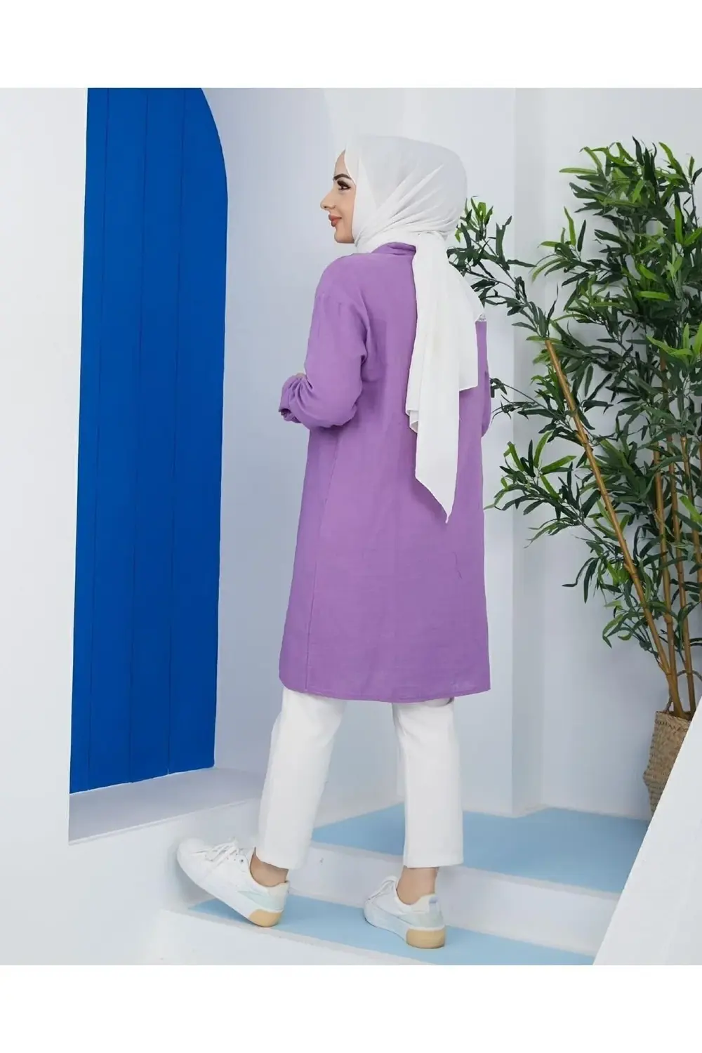 Kadın Mor Uzun Kollu Gömlek Yaka Yazlık %100 Pamuklu Muslin Teset