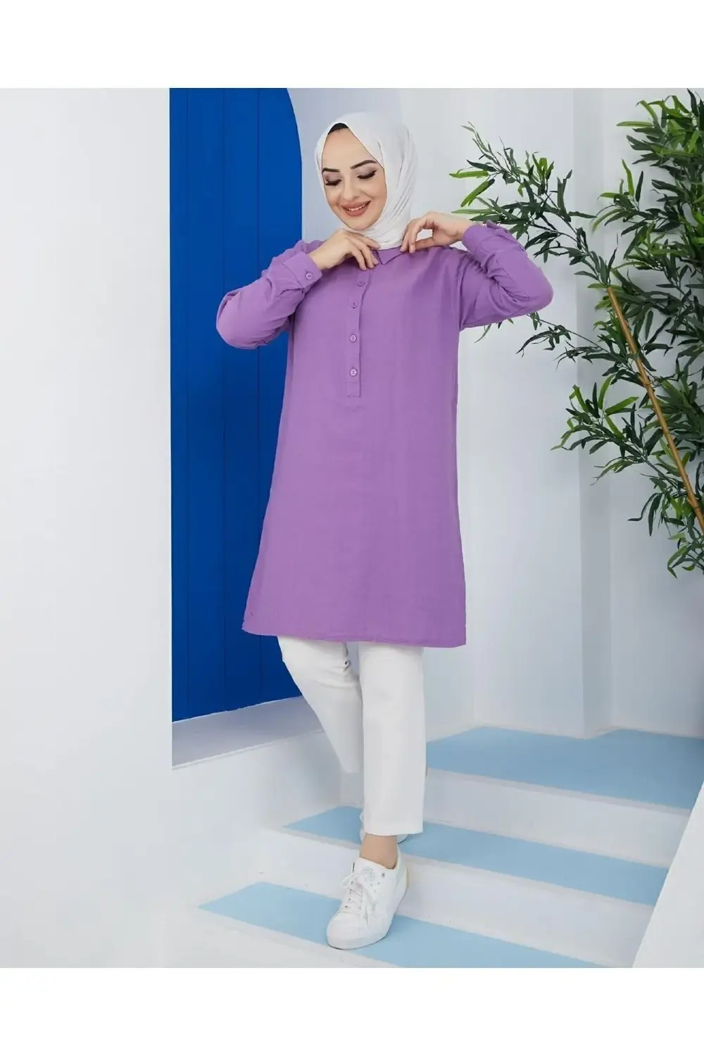 Kadın Mor Uzun Kollu Gömlek Yaka Yazlık %100 Pamuklu Muslin Teset