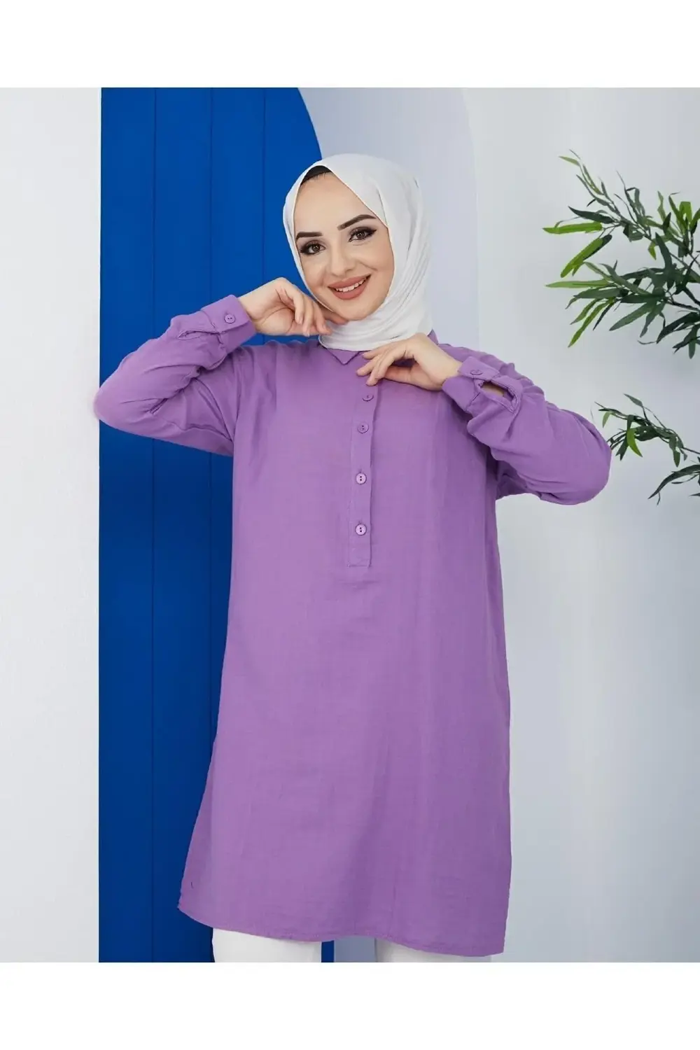 Kadın Mor Uzun Kollu Gömlek Yaka Yazlık %100 Pamuklu Muslin Teset