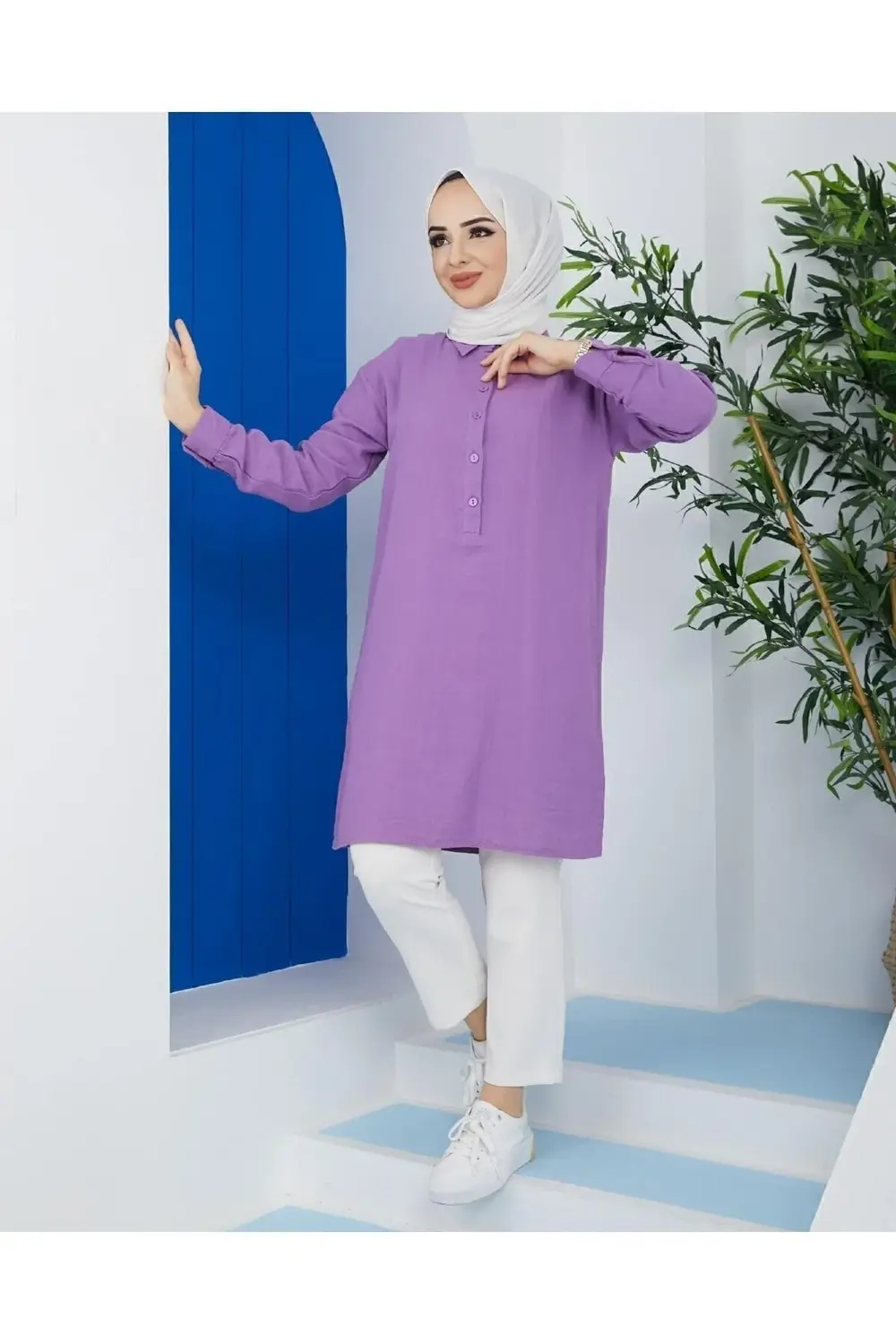 Kadın Mor Uzun Kollu Gömlek Yaka Yazlık %100 Pamuklu Muslin Teset