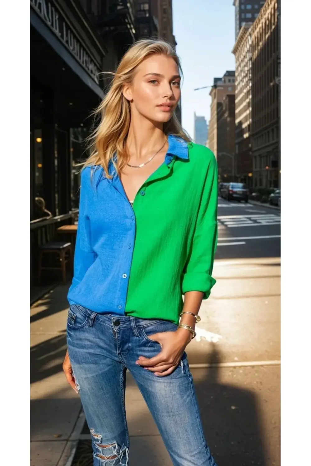 Kadın Müslin %100 Pamuk Salaş Color Block Iki Renkli Uzun Kollu M