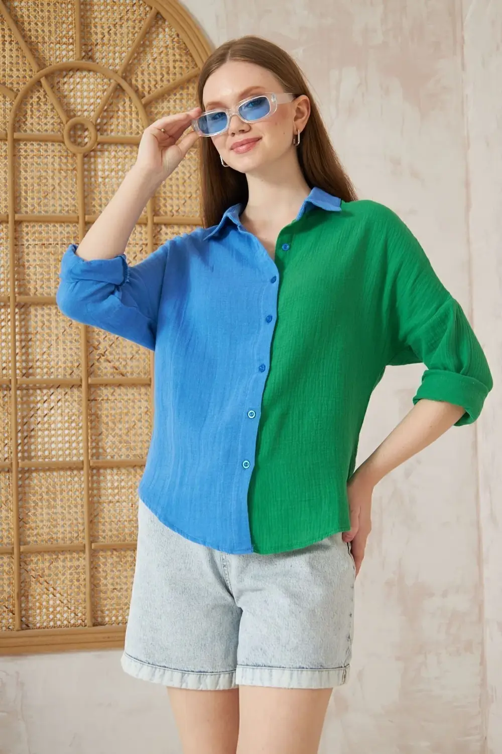 Kadın Müslin %100 Pamuk Salaş Color Block Iki Renkli Uzun Kollu M