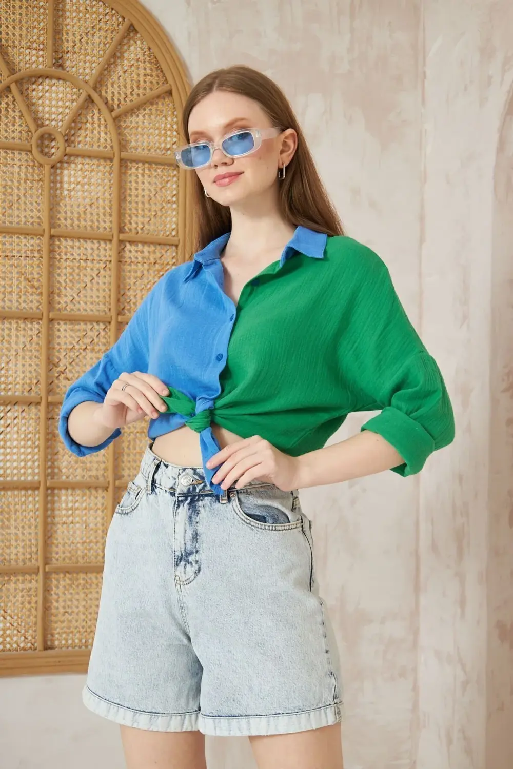 Kadın Müslin %100 Pamuk Salaş Color Block Iki Renkli Uzun Kollu M