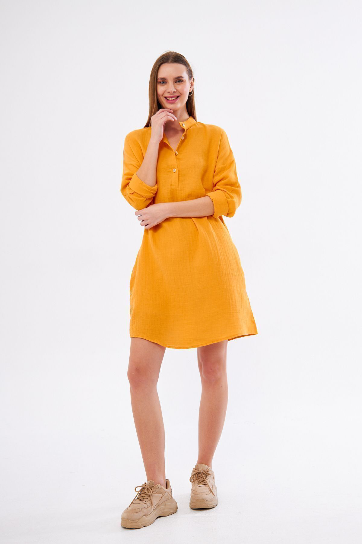 Yıldızistan Kadın Muslin Uzun Kollu Hakim Yaka Cepli Günlük Yazlık Tunik Göml