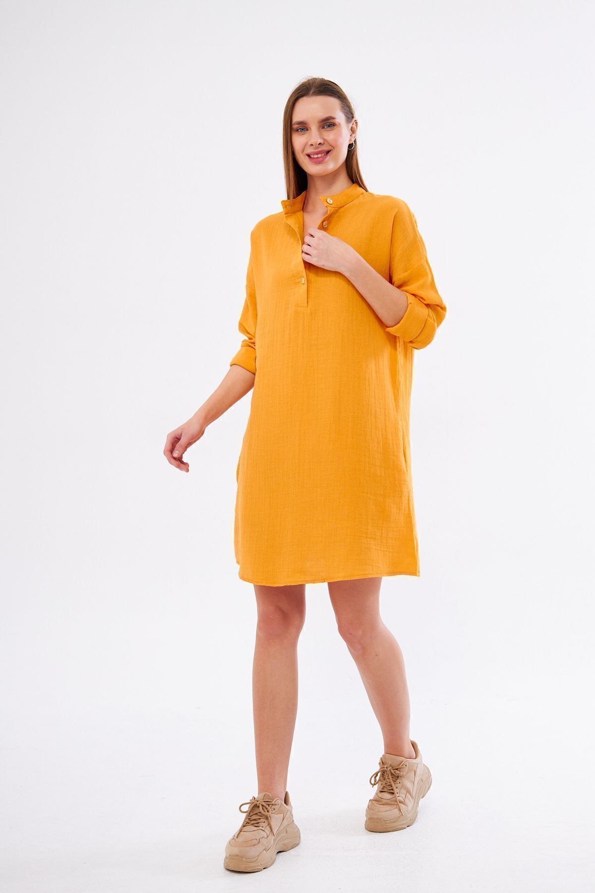 Yıldızistan Kadın Muslin Uzun Kollu Hakim Yaka Cepli Günlük Yazlık Tunik Göml