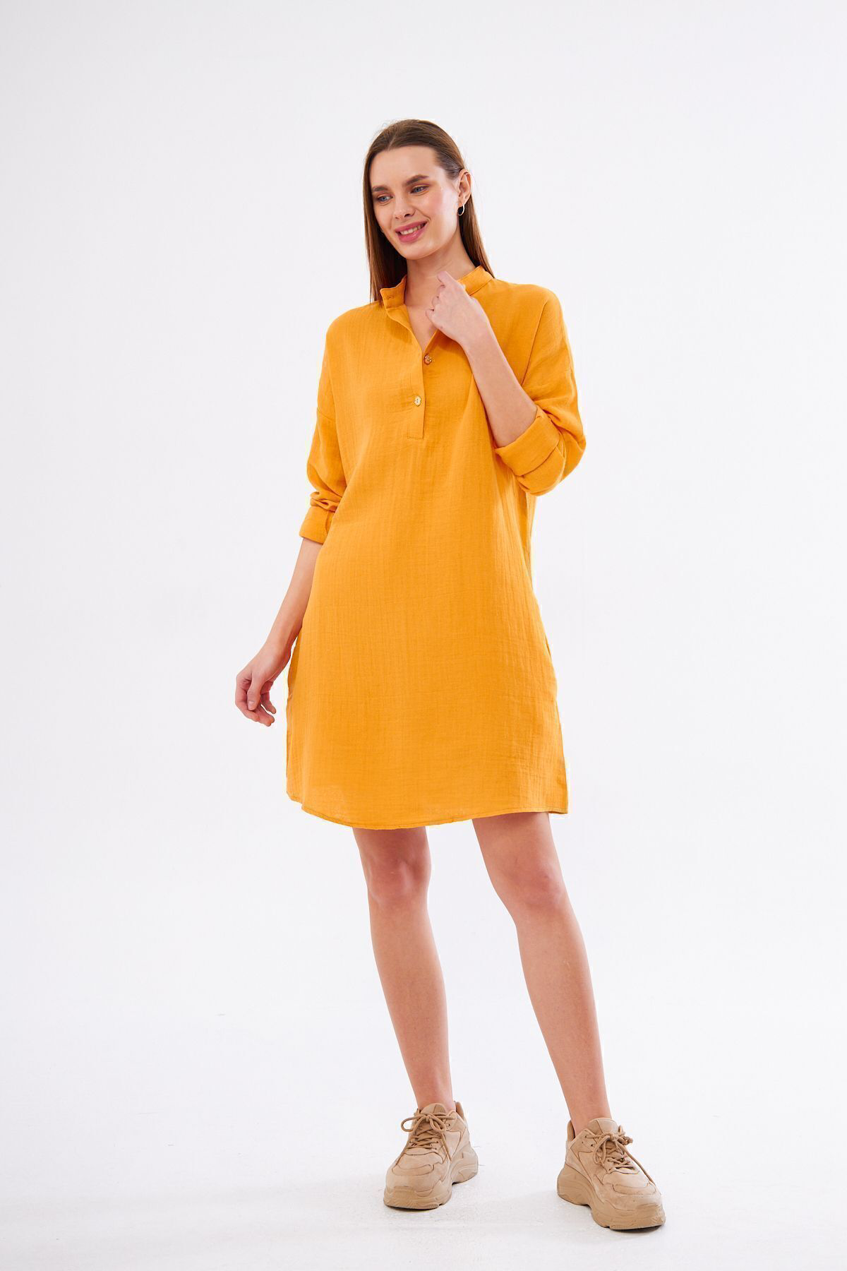 Yıldızistan Kadın Muslin Uzun Kollu Hakim Yaka Cepli Günlük Yazlık Tunik Göml