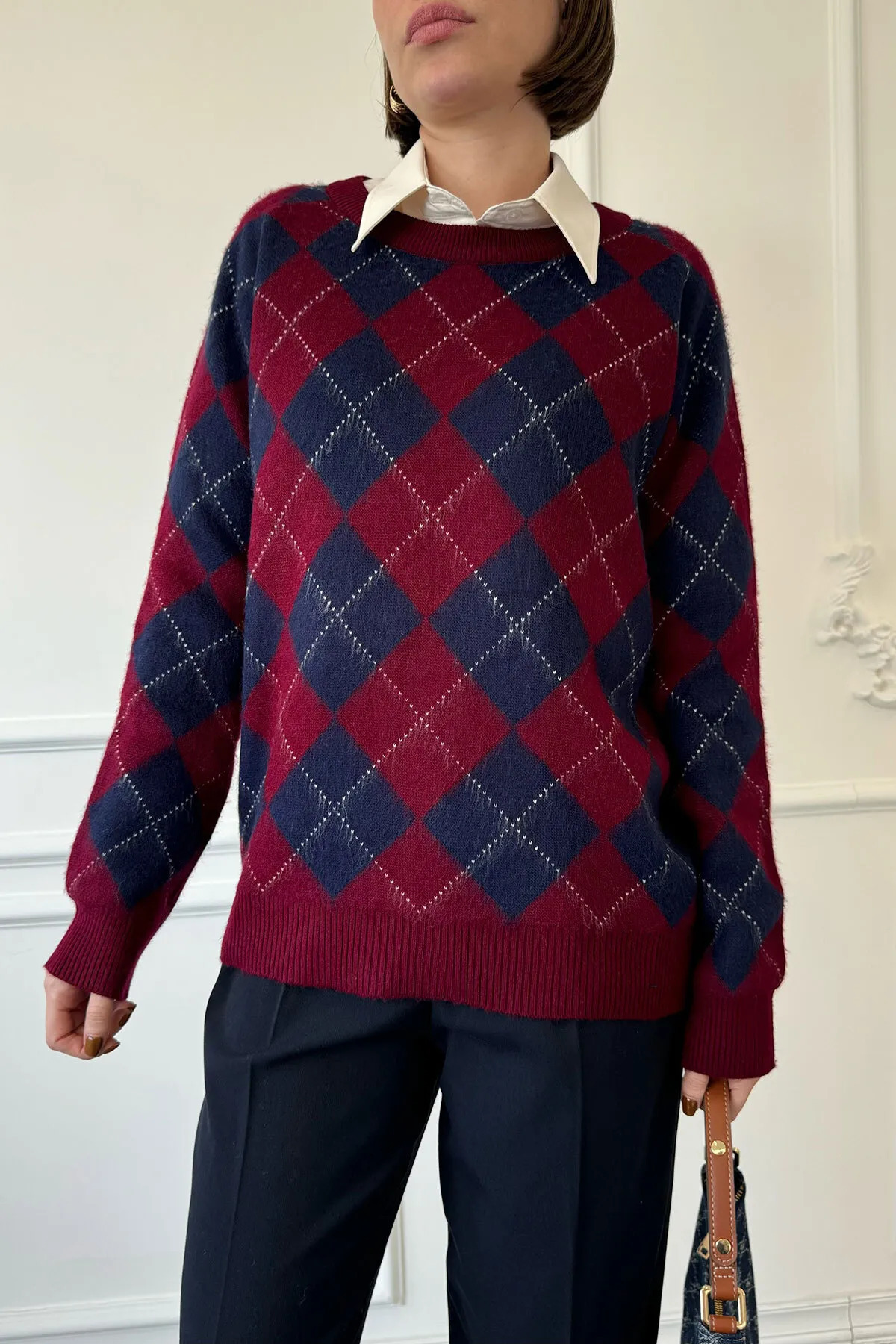 Nisantasimoda Kadın Omuz Dikişli Baklava Desen Triko Kazak