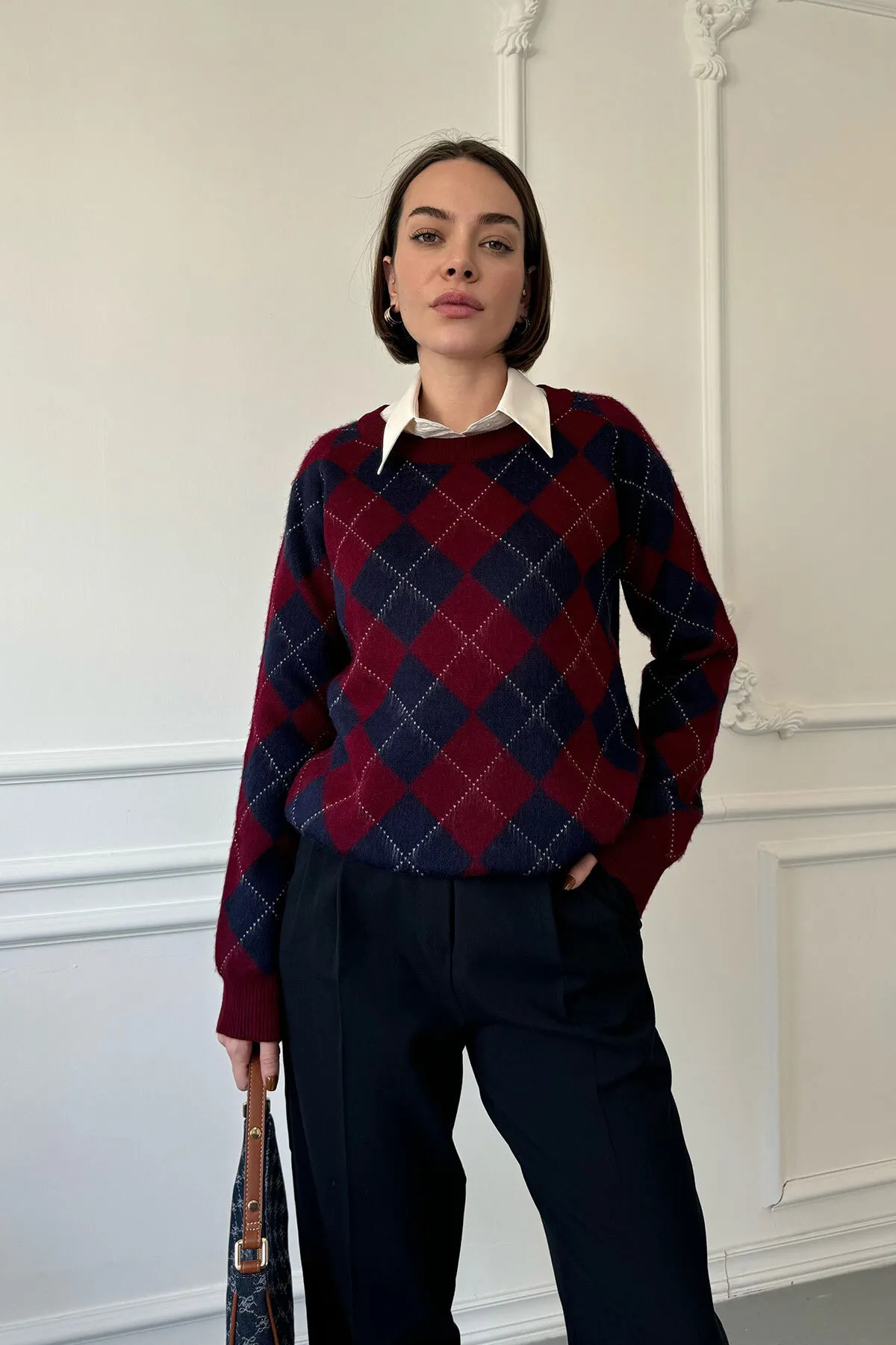 Nisantasimoda Kadın Omuz Dikişli Baklava Desen Triko Kazak