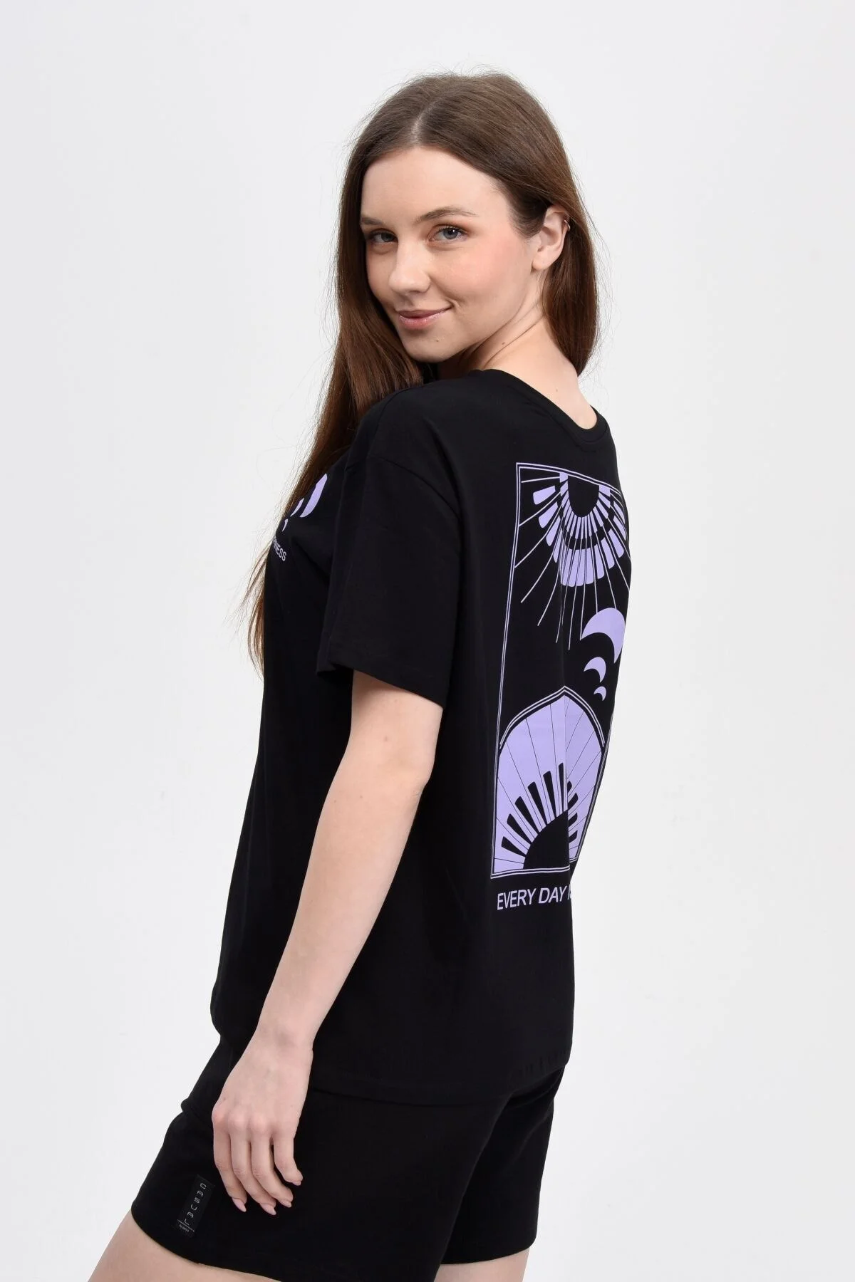 Kadın Ön Ve Sırt Baskılı Kısa Kollu Bisiklet Yaka Oversıze Oversı