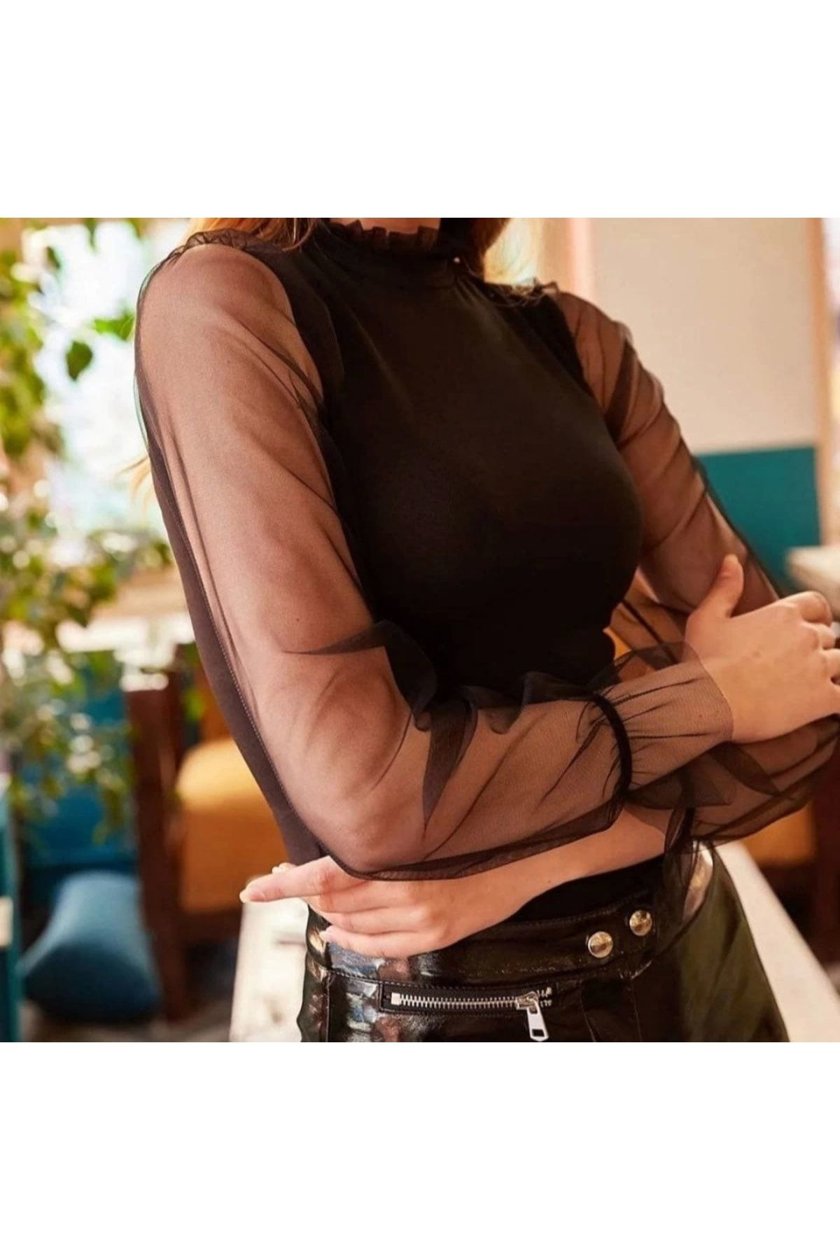 Kadın örme Krep Kumaş Kolları Dantelli Bluz