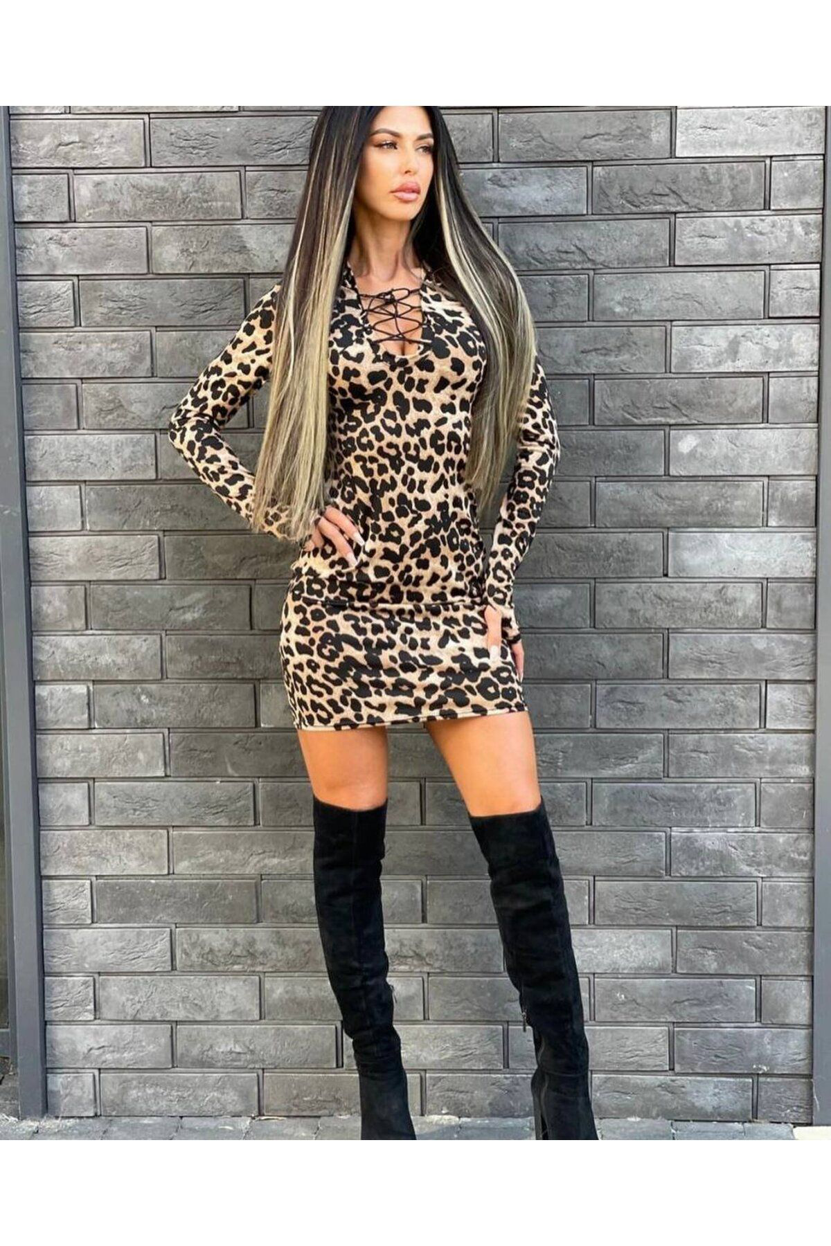 Kadın örme Viskon Kumaş Leopar Desenli çapraz Göğüs Detay Mini Bo