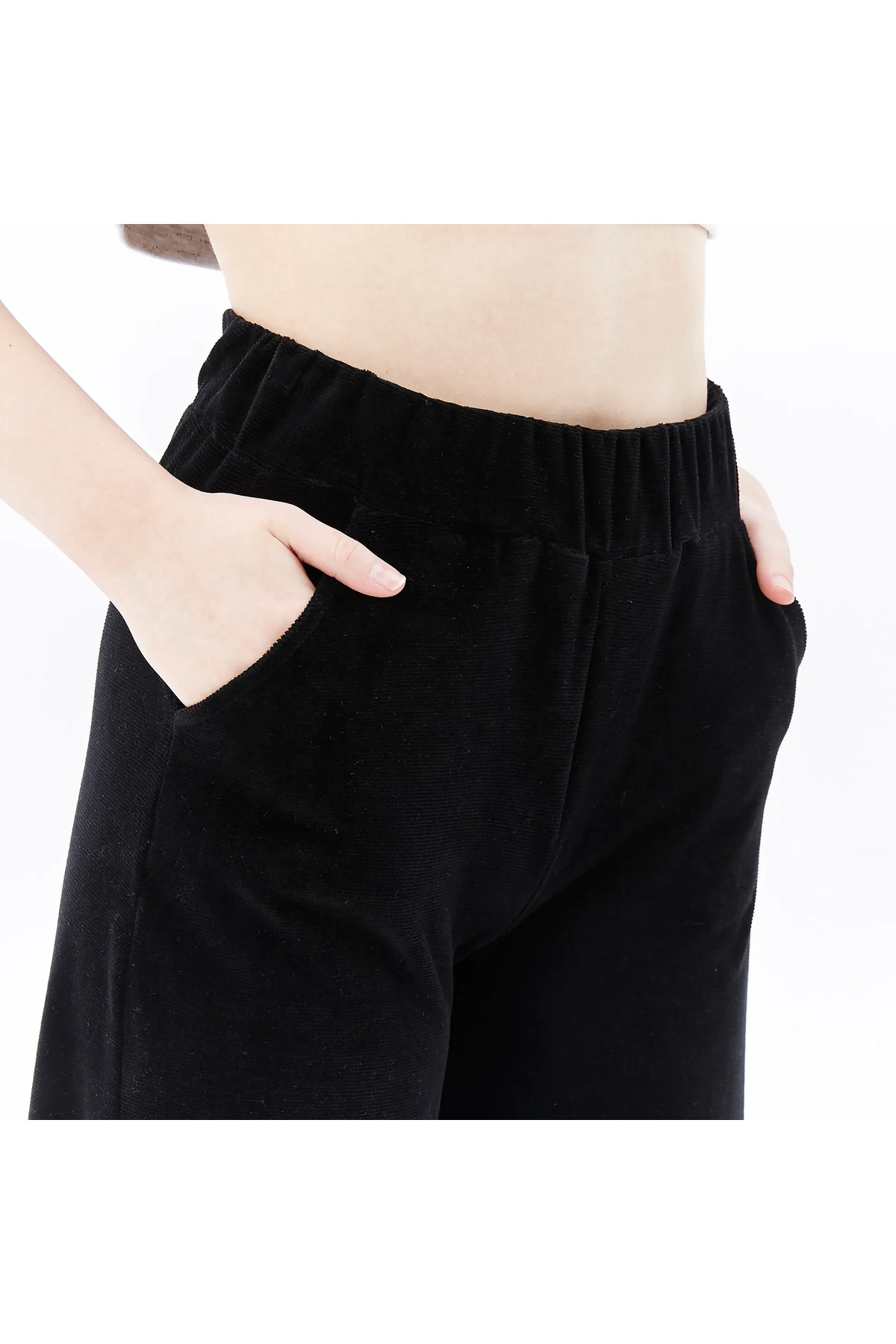 Kadın Bol Paça Cepli Kadife Oversize Fit Pantolon Siyah