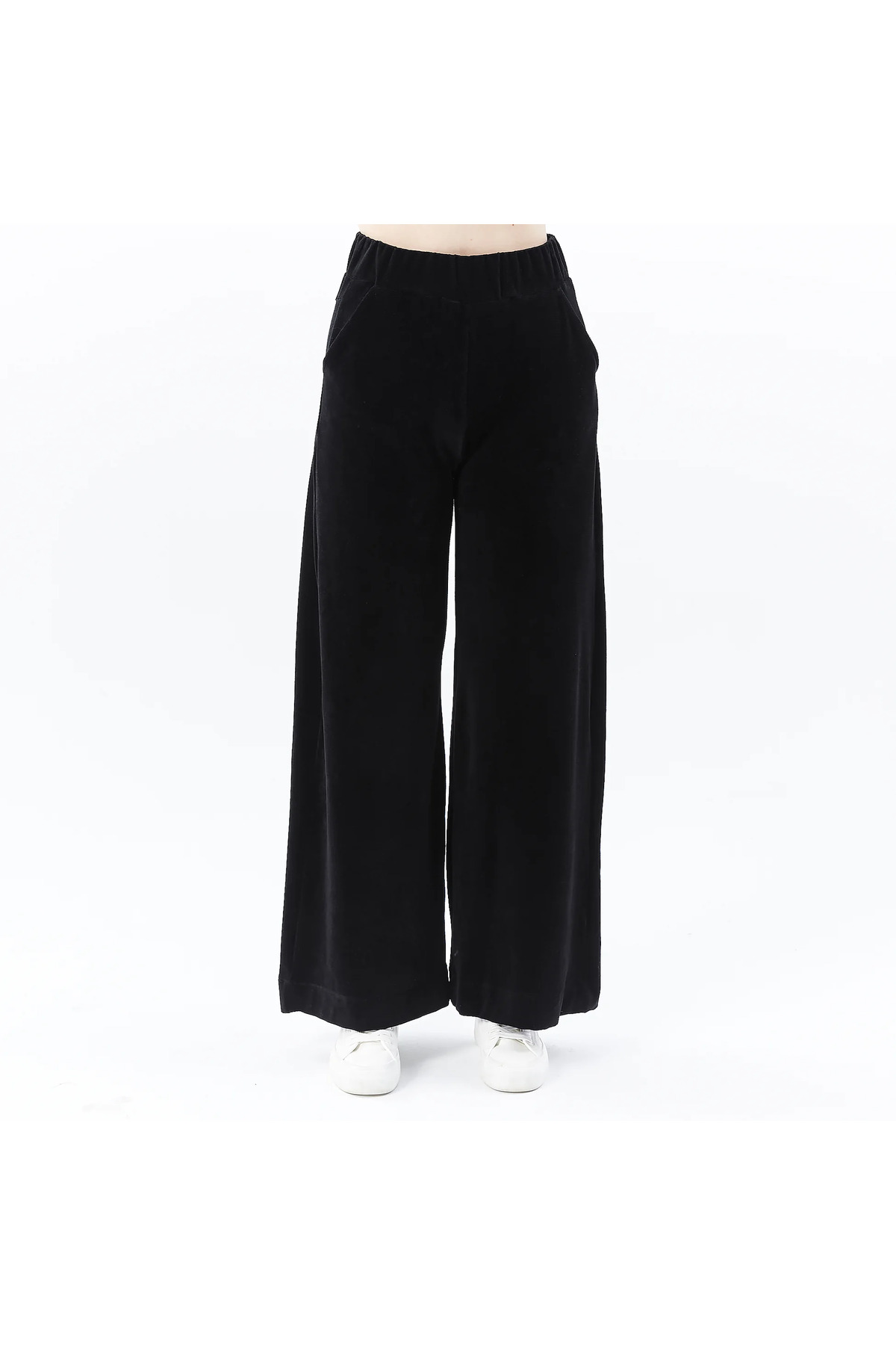 Kadın Bol Paça Cepli Kadife Oversize Fit Pantolon Siyah