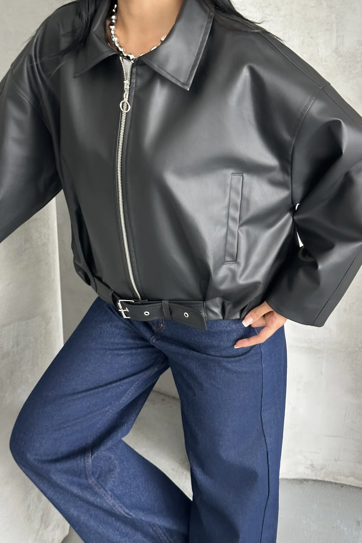 Kadın Oversize Bomber Suni Deri Ceket | Yeni Sezon Kemerli Biker 