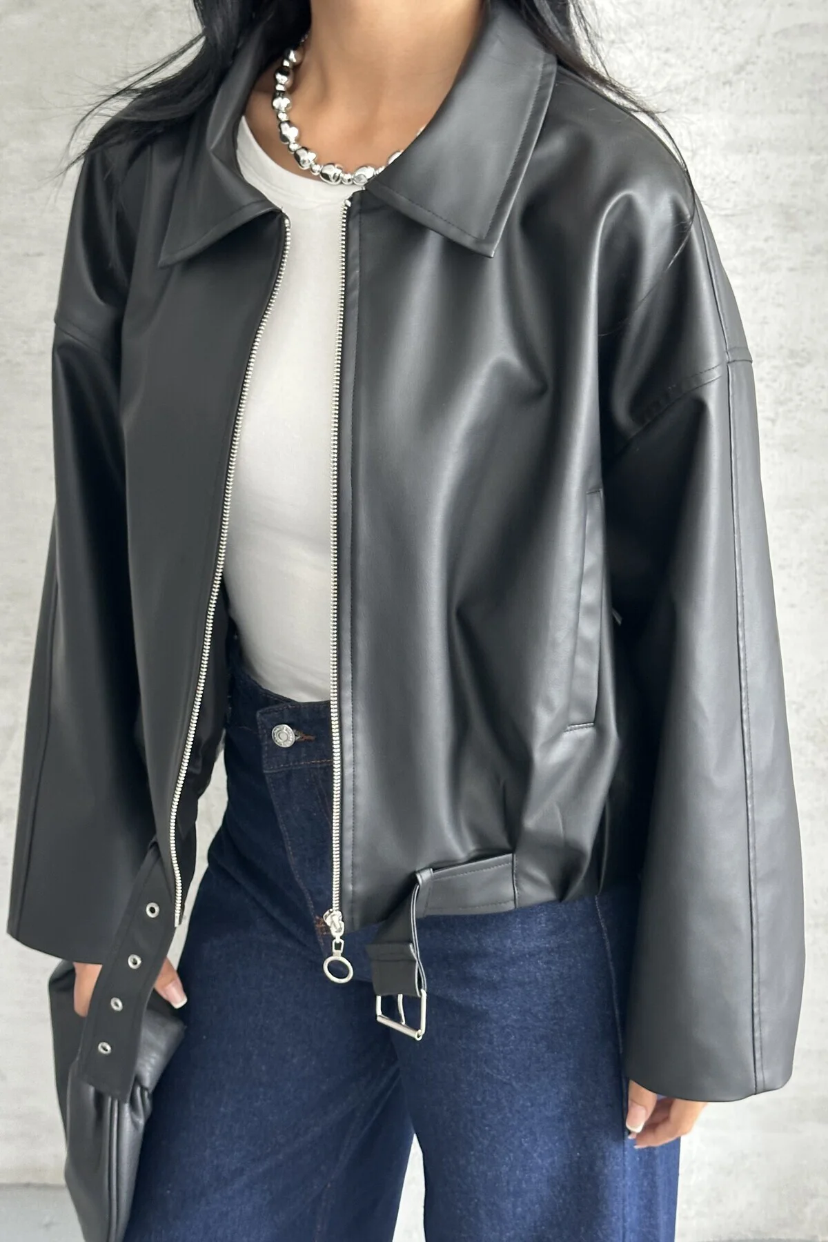 Kadın Oversize Bomber Suni Deri Ceket | Yeni Sezon Kemerli Biker 