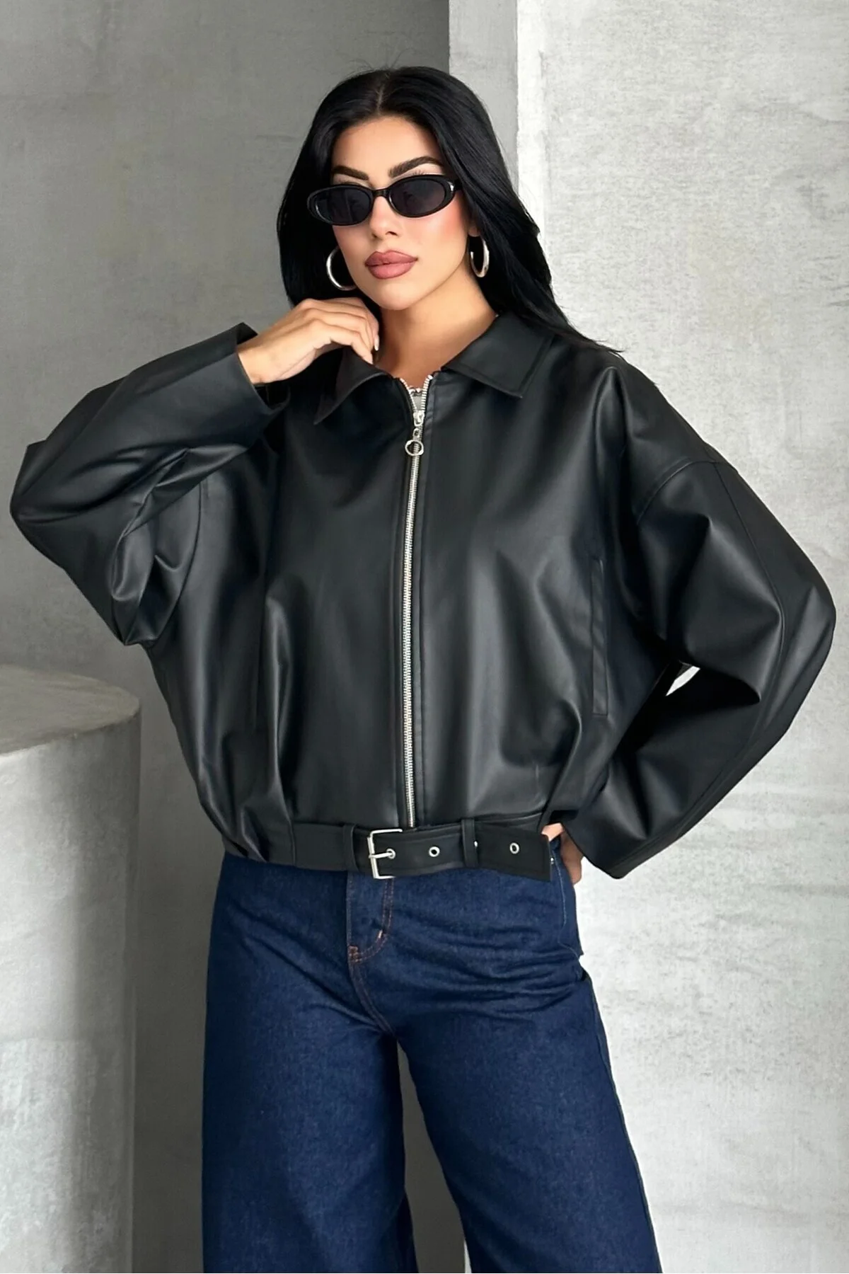 Kadın Oversize Bomber Suni Deri Ceket | Yeni Sezon Kemerli Biker 