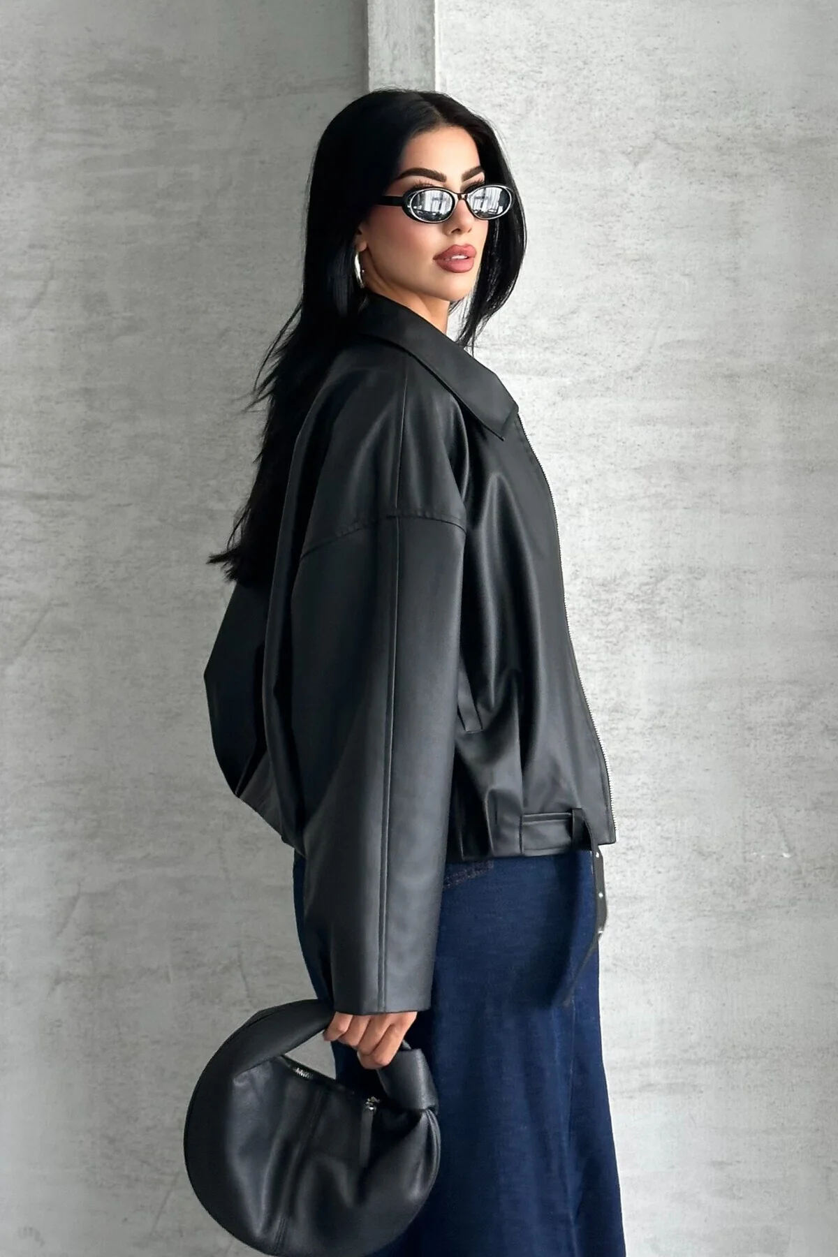 Kadın Oversize Bomber Suni Deri Ceket | Yeni Sezon Kemerli Biker 