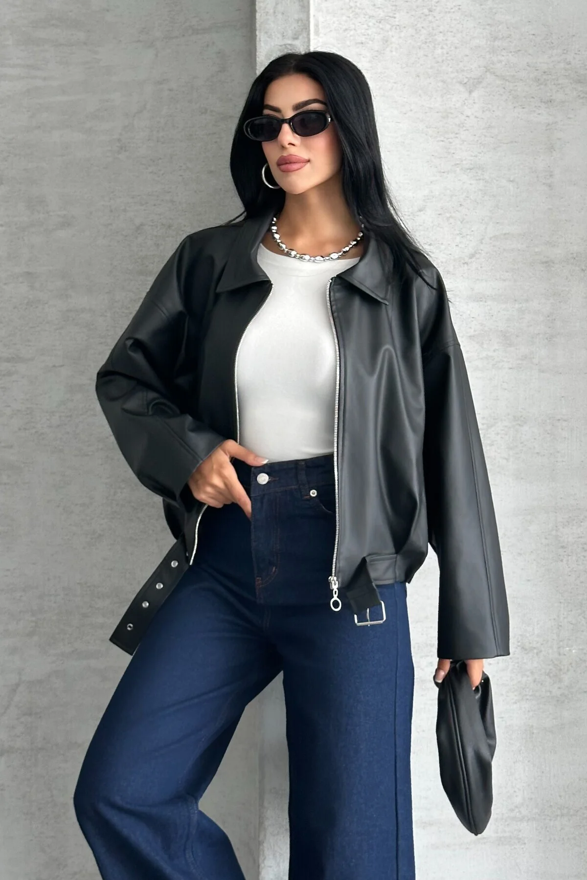 Kadın Oversize Bomber Suni Deri Ceket | Yeni Sezon Kemerli Biker 