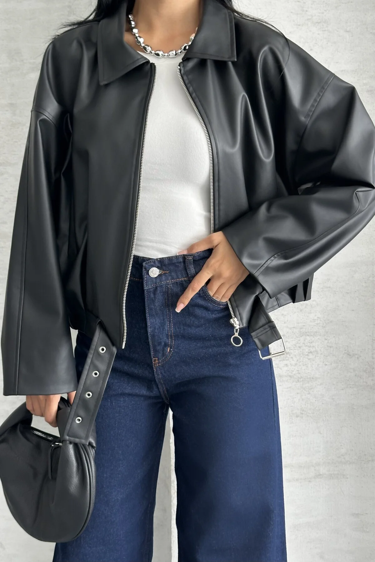 Kadın Oversize Bomber Suni Deri Ceket | Yeni Sezon Kemerli Biker 