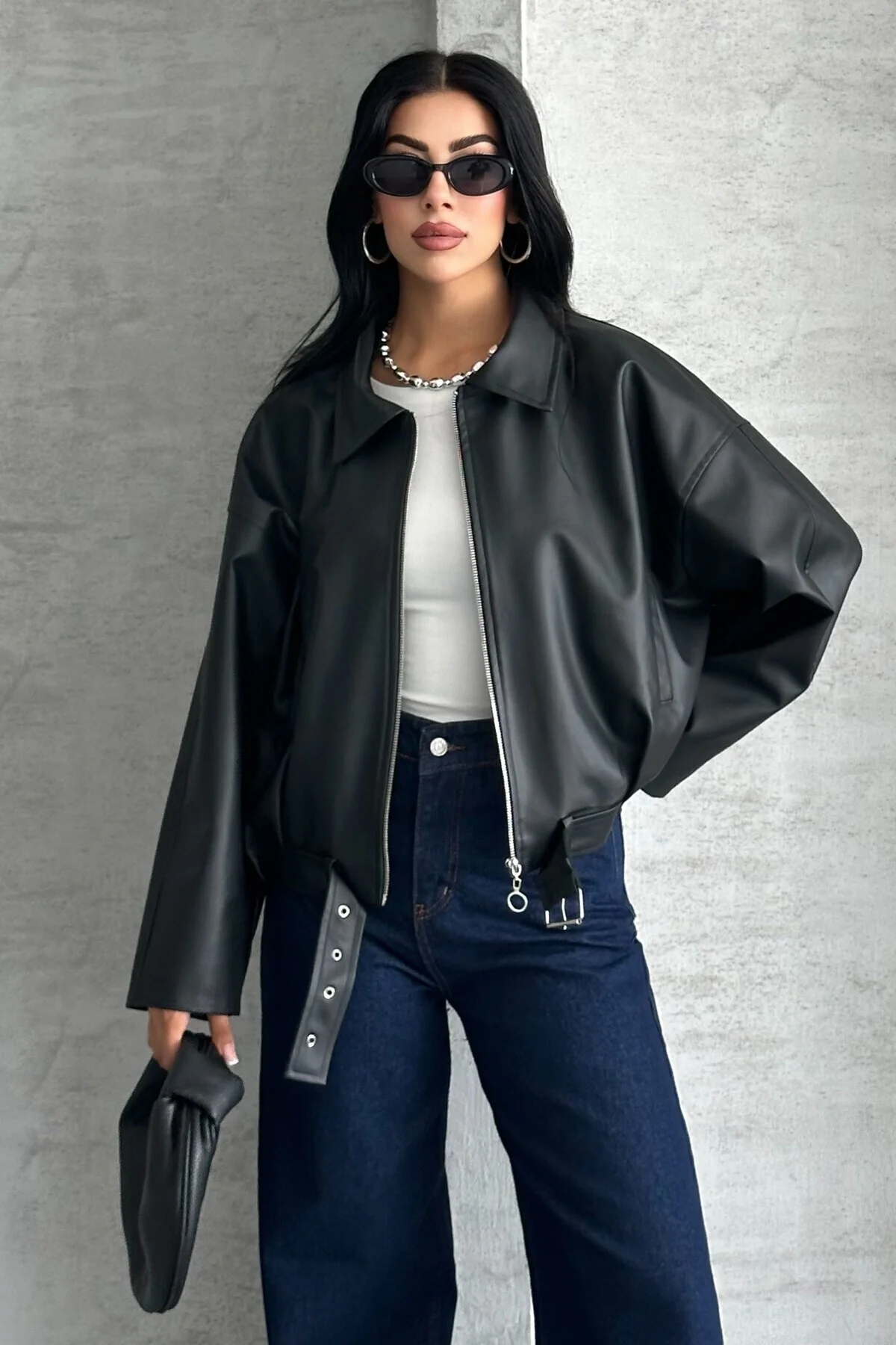 Kadın Oversize Bomber Suni Deri Ceket | Yeni Sezon Kemerli Biker 