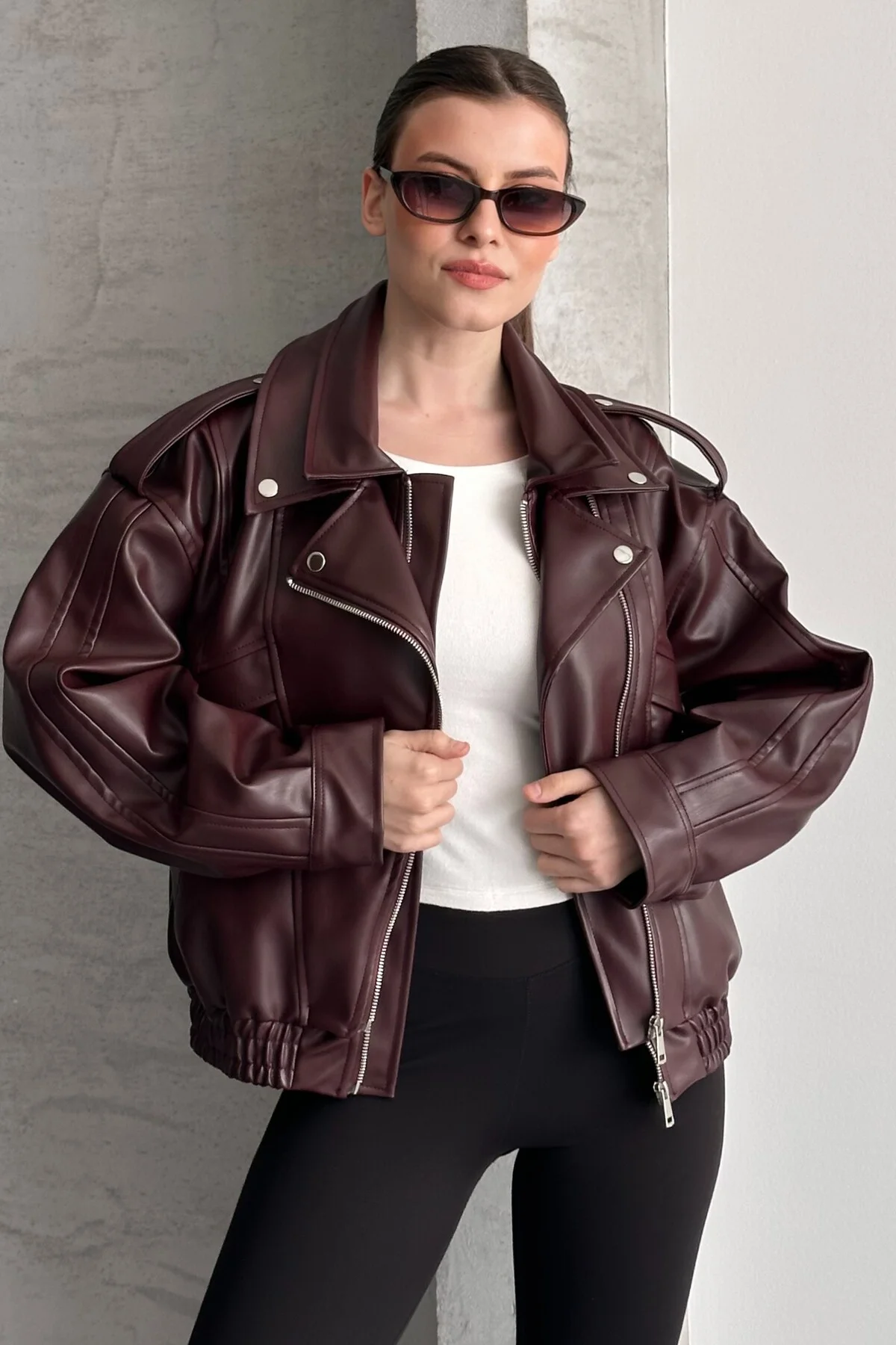 Kadın Oversize Bordo Deri Bomber Ceket - Yeni Sezon Premium Biker