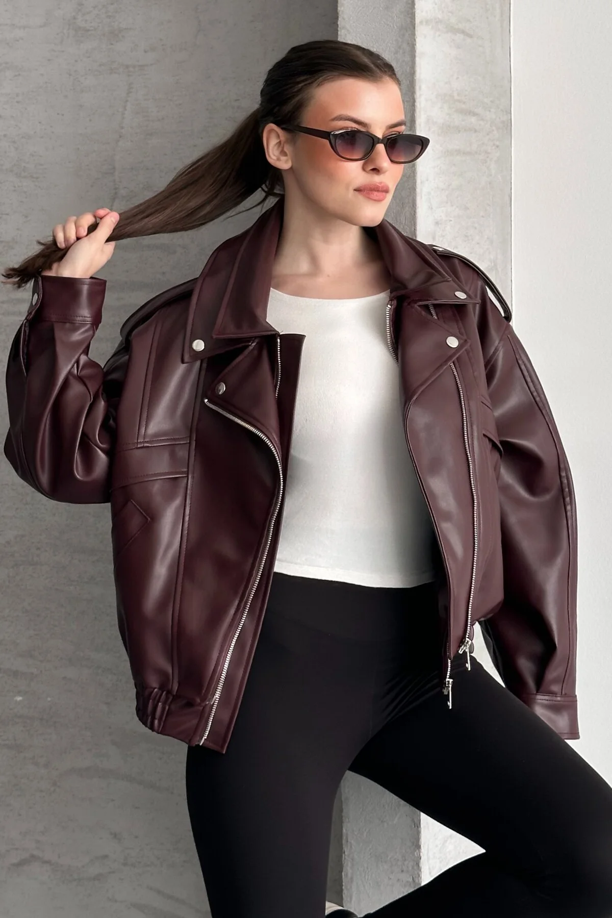 Kadın Oversize Bordo Deri Bomber Ceket - Yeni Sezon Premium Biker
