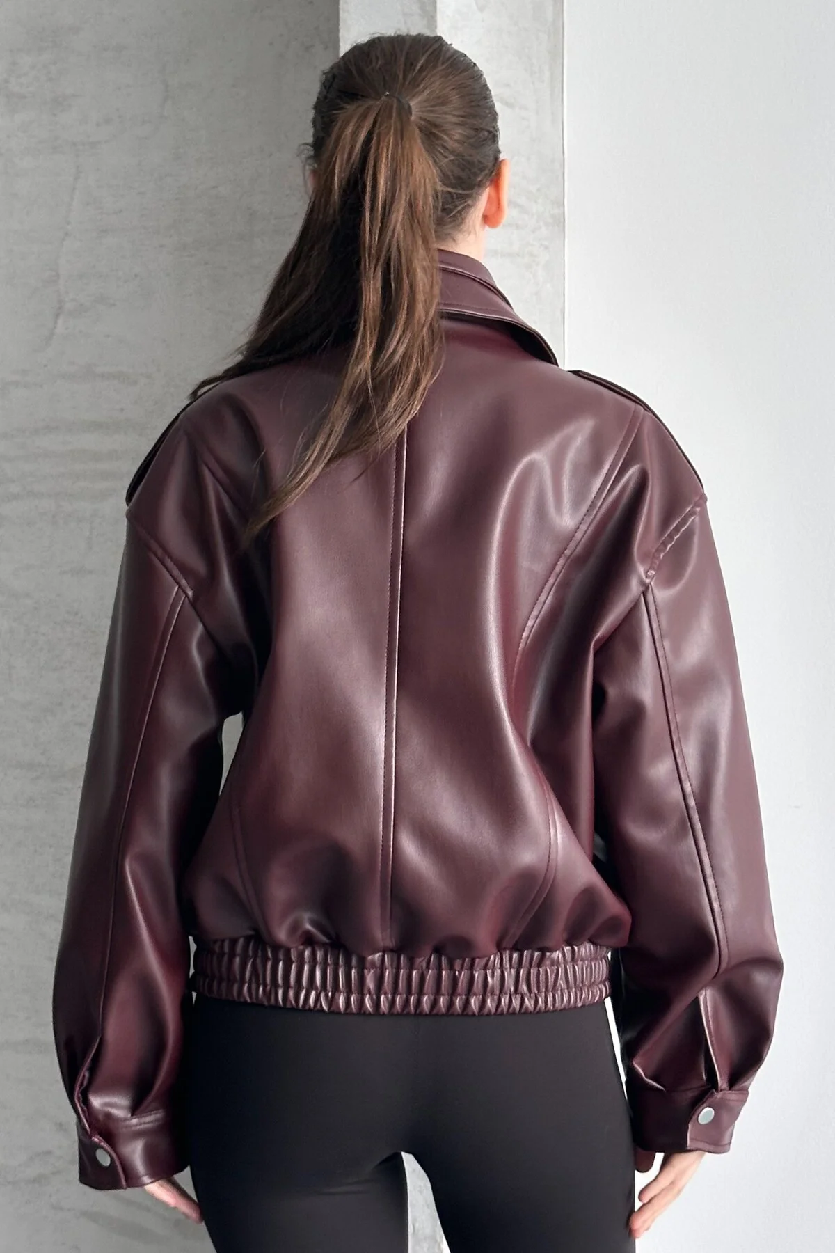 Kadın Oversize Bordo Deri Bomber Ceket - Yeni Sezon Premium Biker