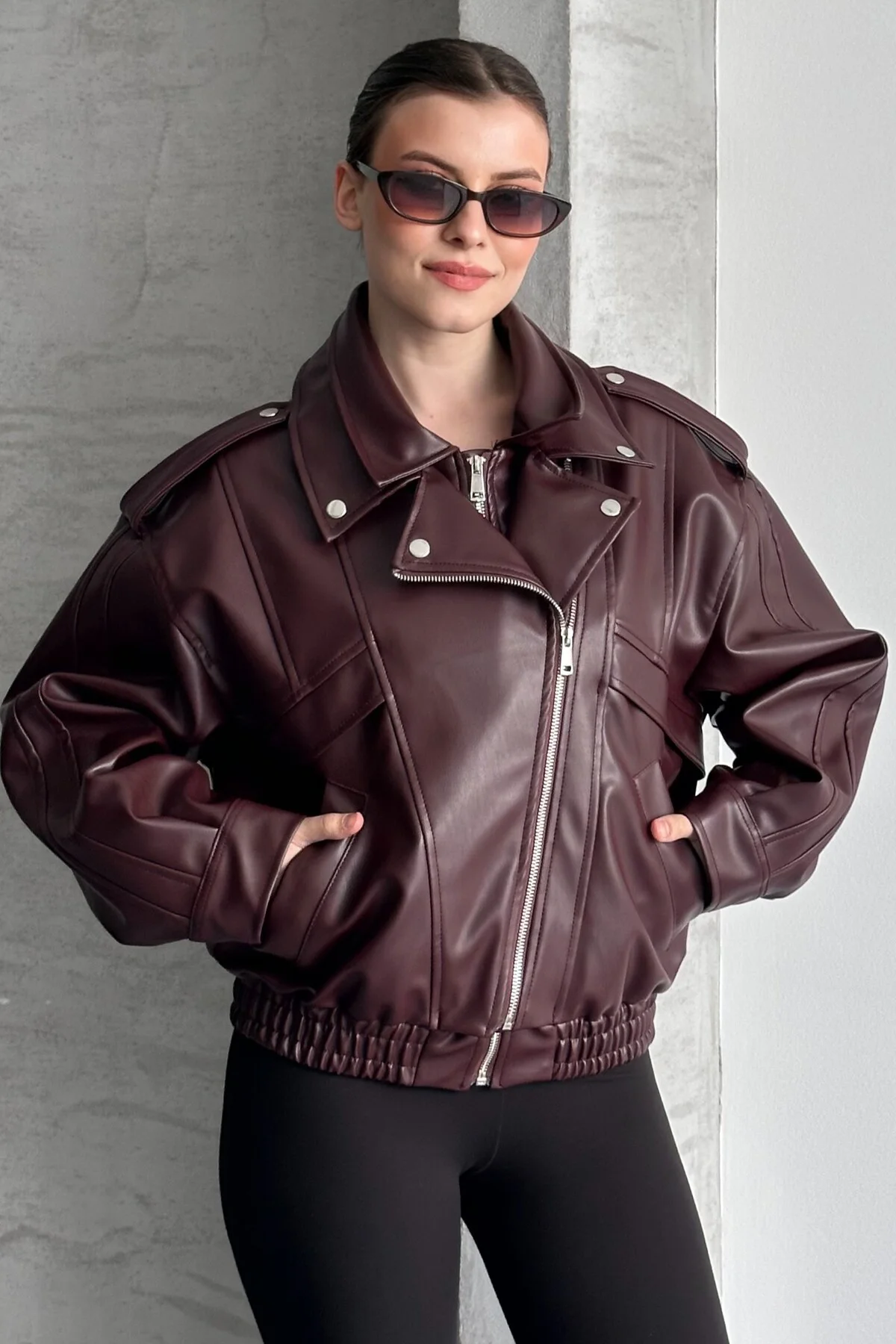 Kadın Oversize Bordo Deri Bomber Ceket - Yeni Sezon Premium Biker