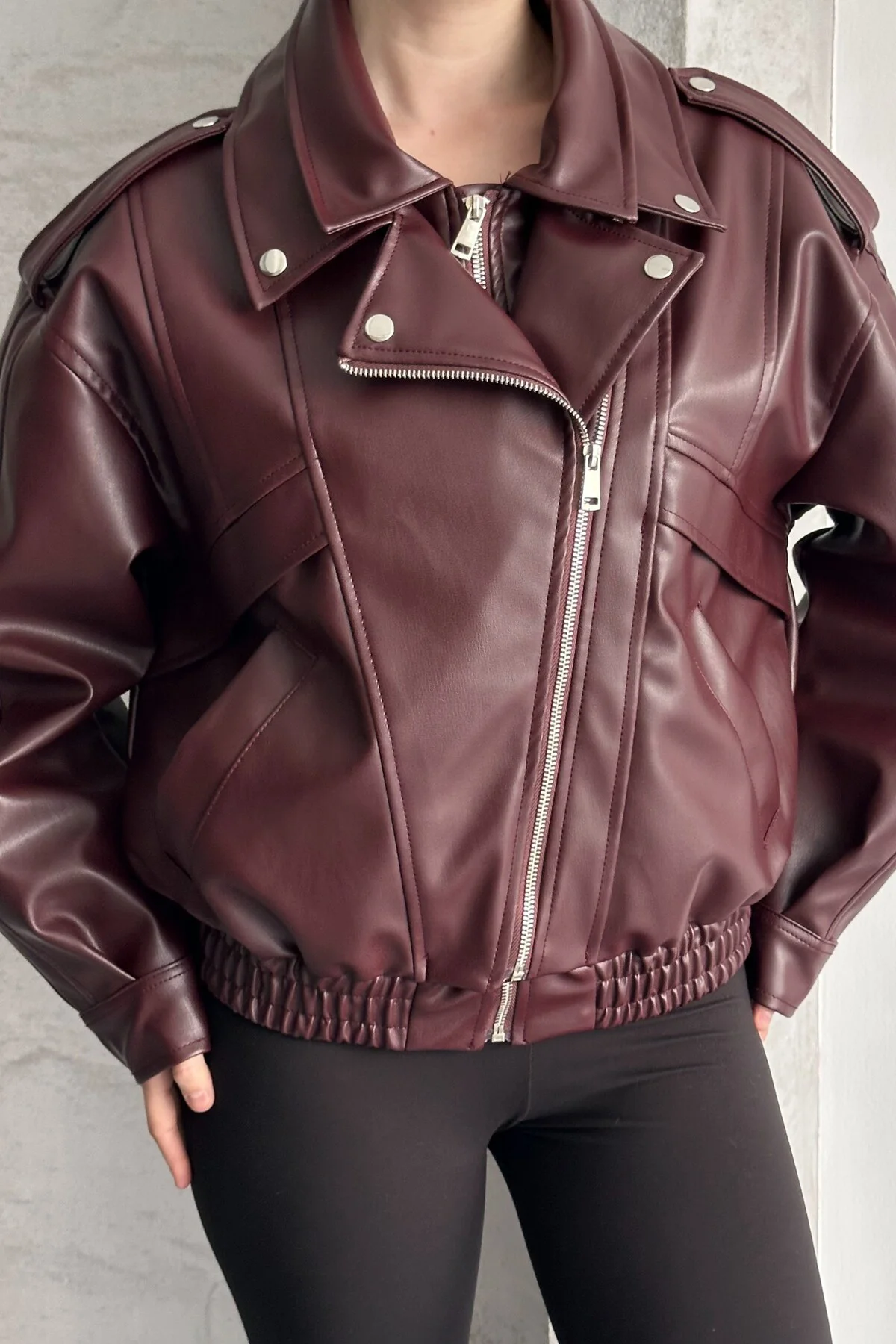 Kadın Oversize Bordo Deri Bomber Ceket - Yeni Sezon Premium Biker
