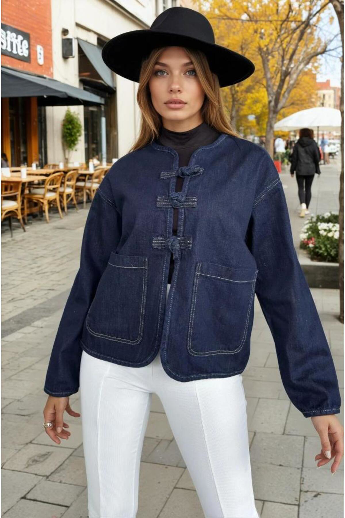 Kadın Oversize Denim Kot Ceket – Bağlama Detaylı, Oval Kesim KT00