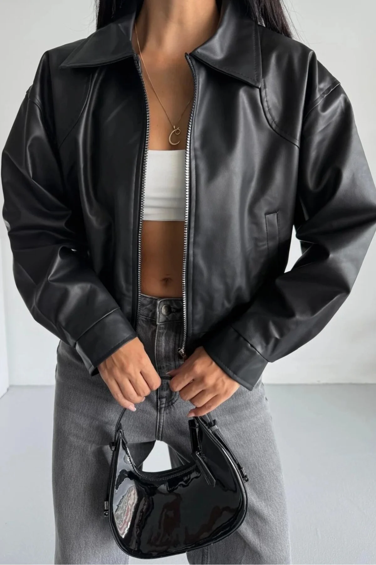 Kadın Oversize Deri Bomber Ceket