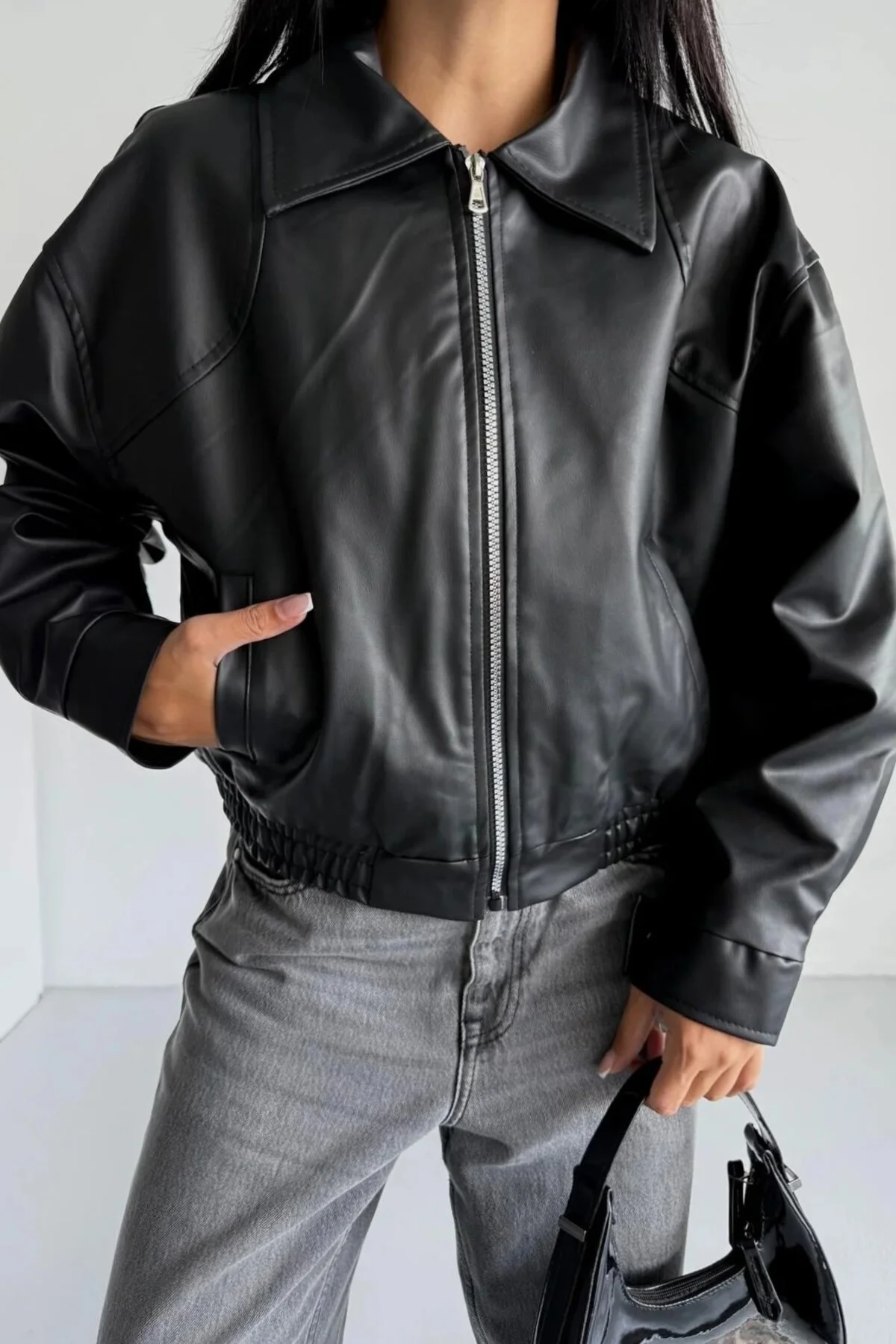 Kadın Oversize Deri Bomber Ceket