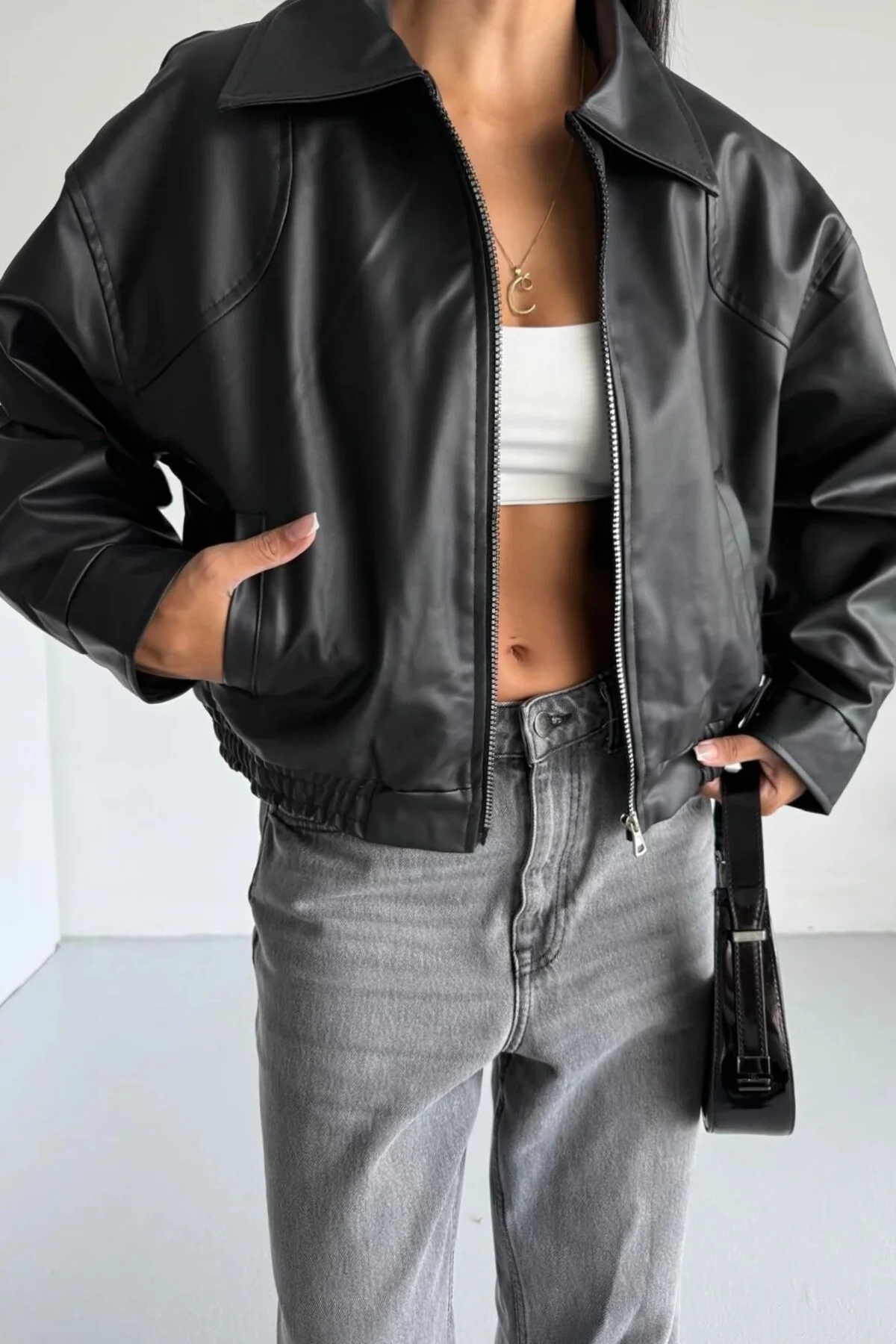 Kadın Oversize Deri Bomber Ceket