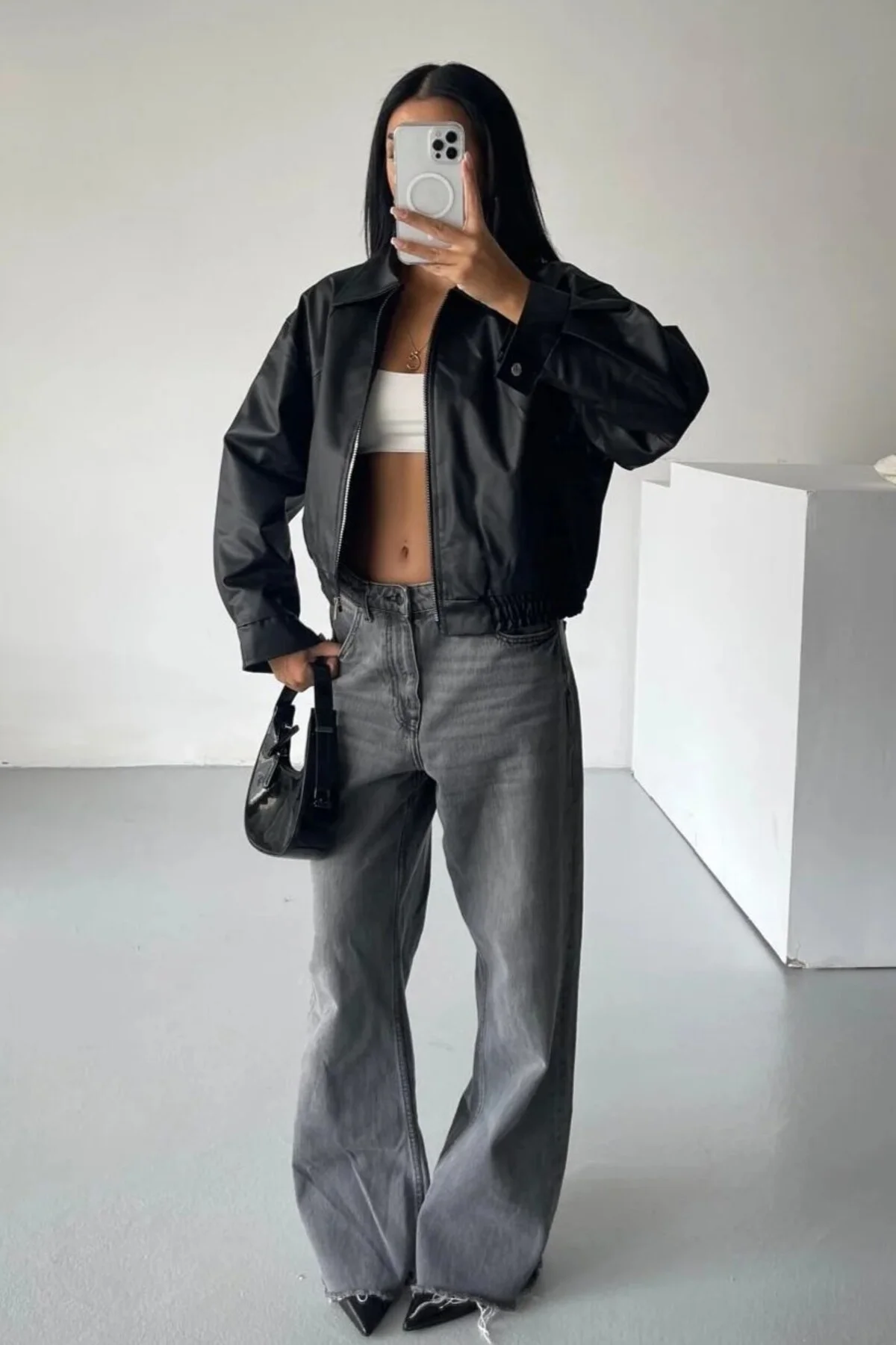 Kadın Oversize Deri Bomber Ceket
