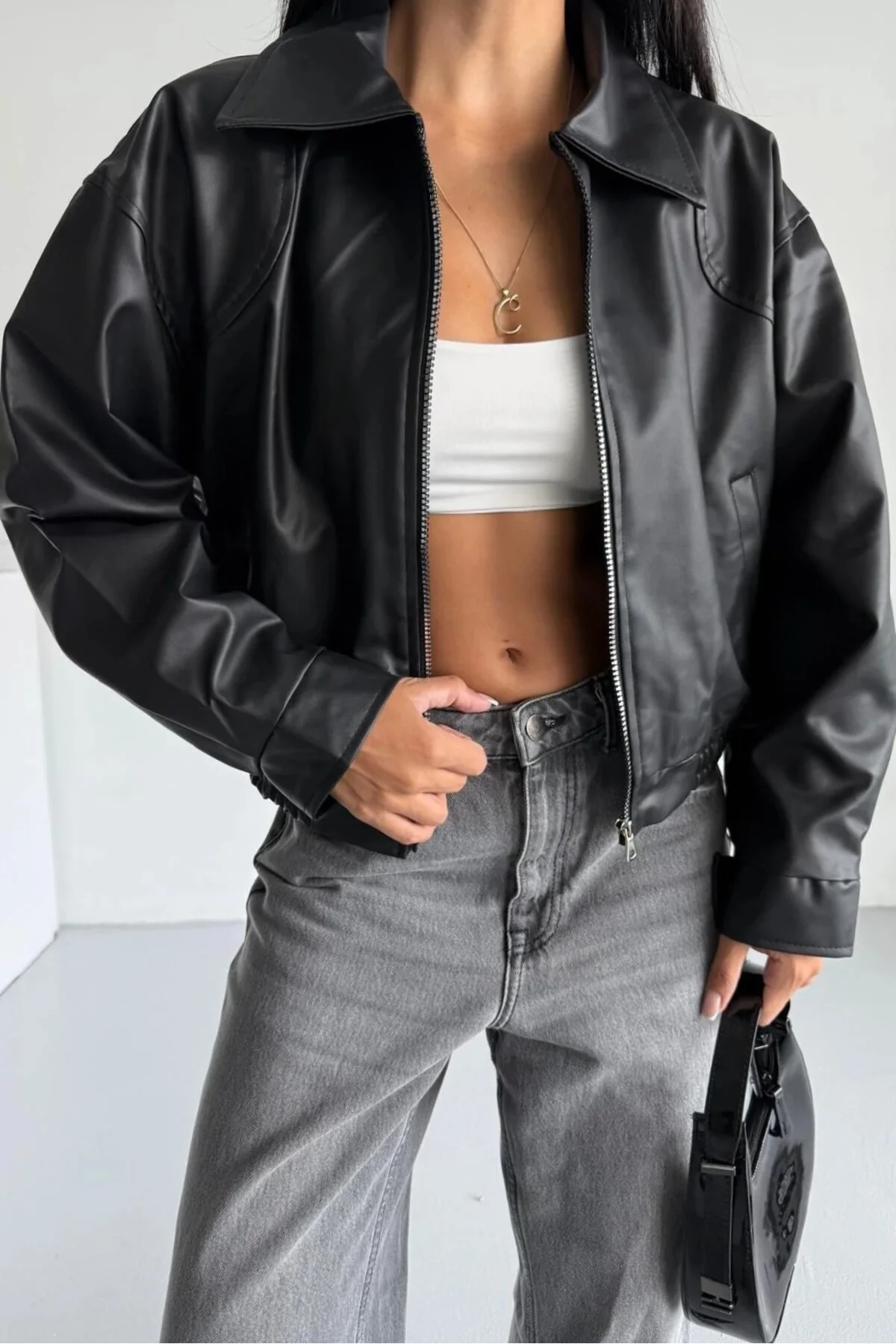 Kadın Oversize Deri Bomber Ceket