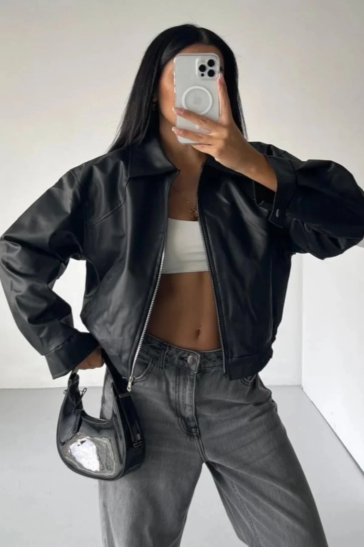 Kadın Oversize Deri Bomber Ceket