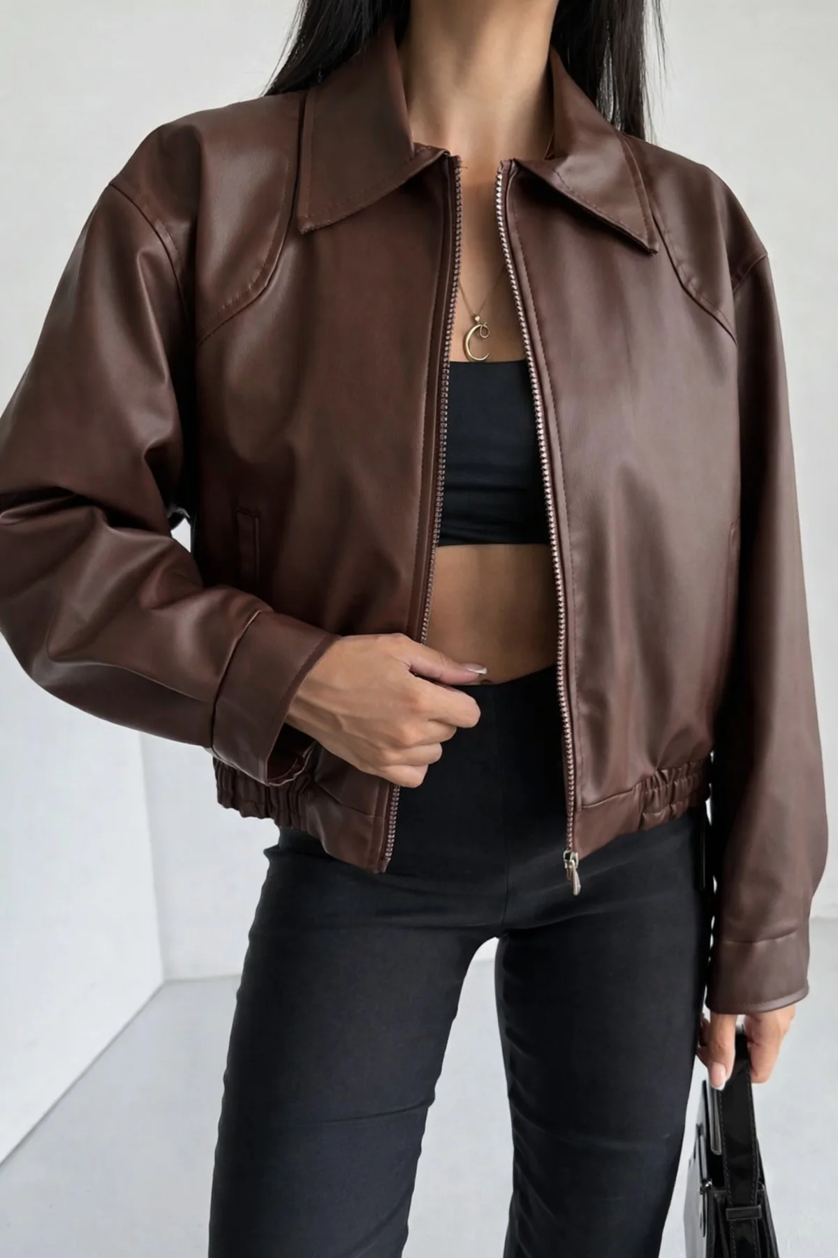 Kadın Oversize Deri Bomber Ceket