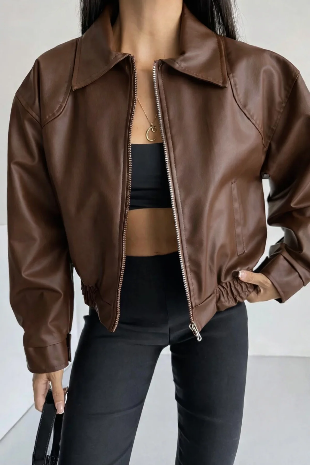 Kadın Oversize Deri Bomber Ceket