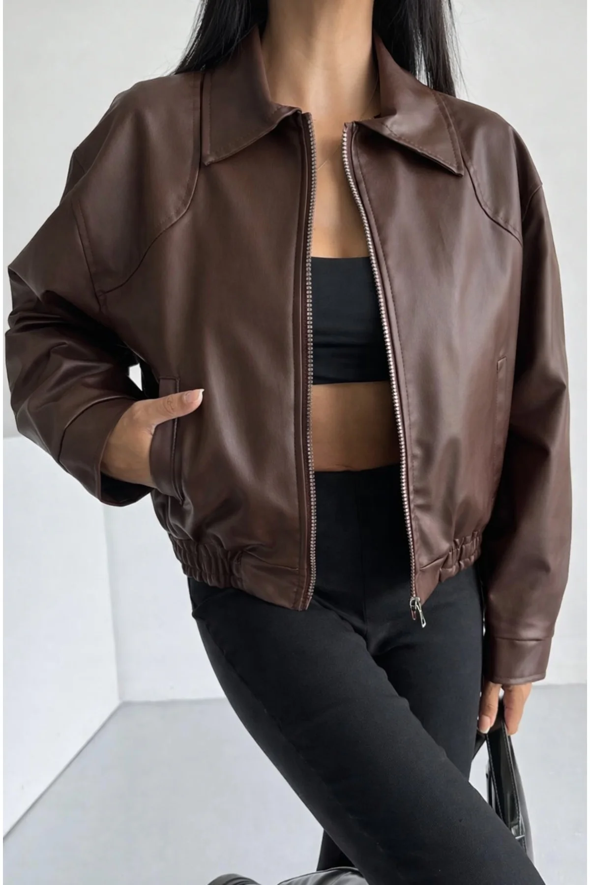 Kadın Oversize Deri Bomber Ceket